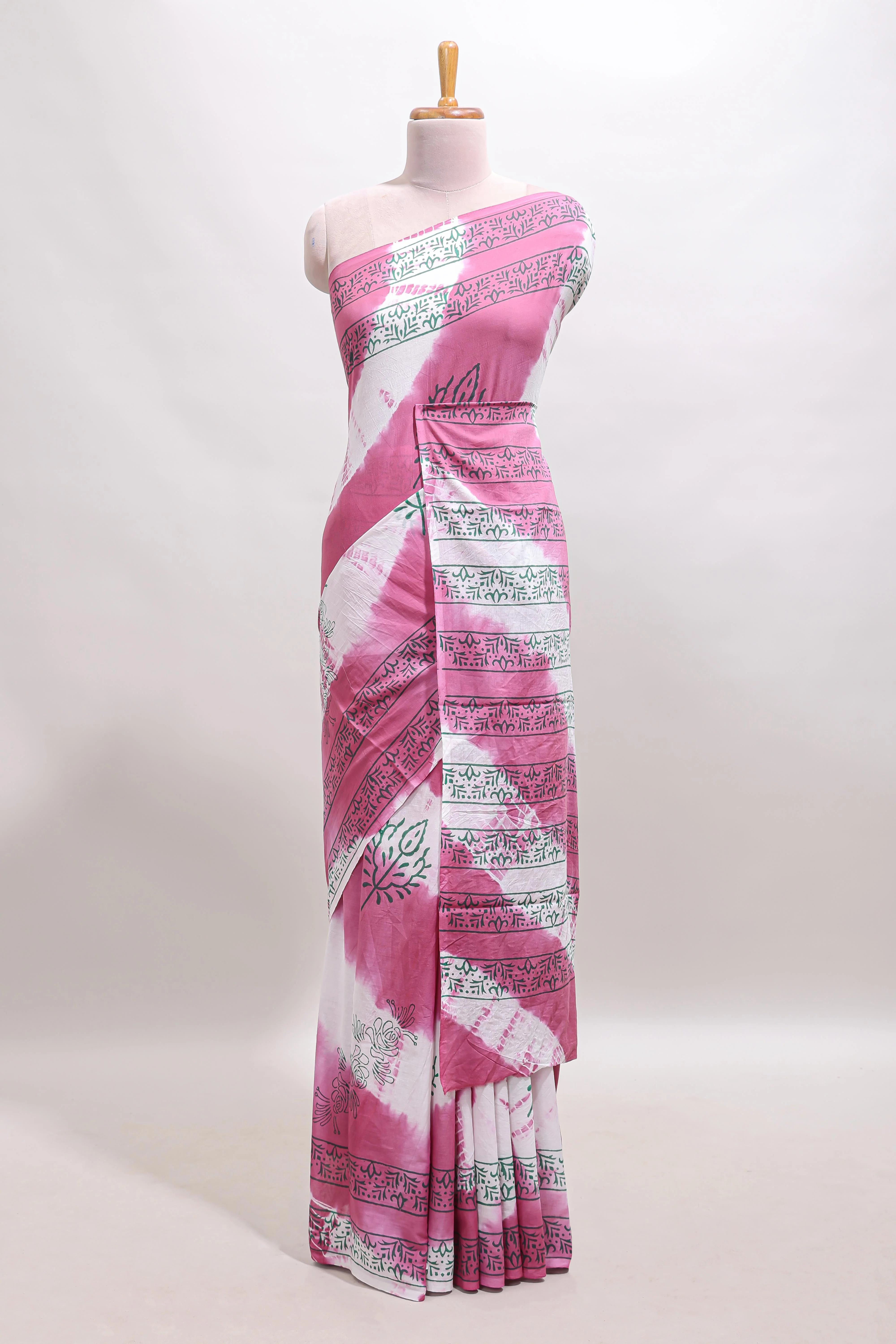 Pink & cream floral shibori print motifs mul mul cotton saree with self  border and matching blouse - Image 2