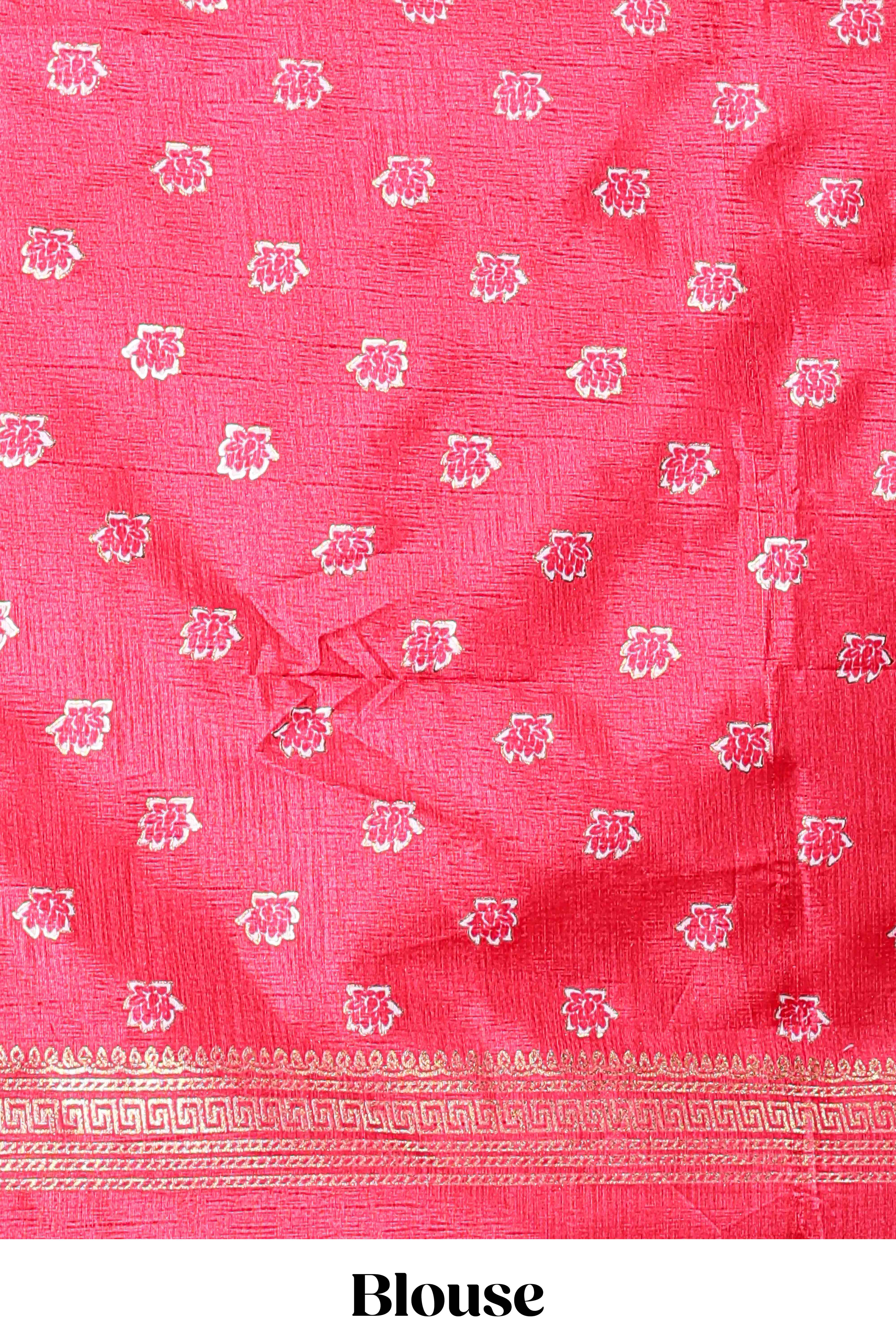 Pink dola silk floral printed lehenga with matching blouse and dhavani - Image 4