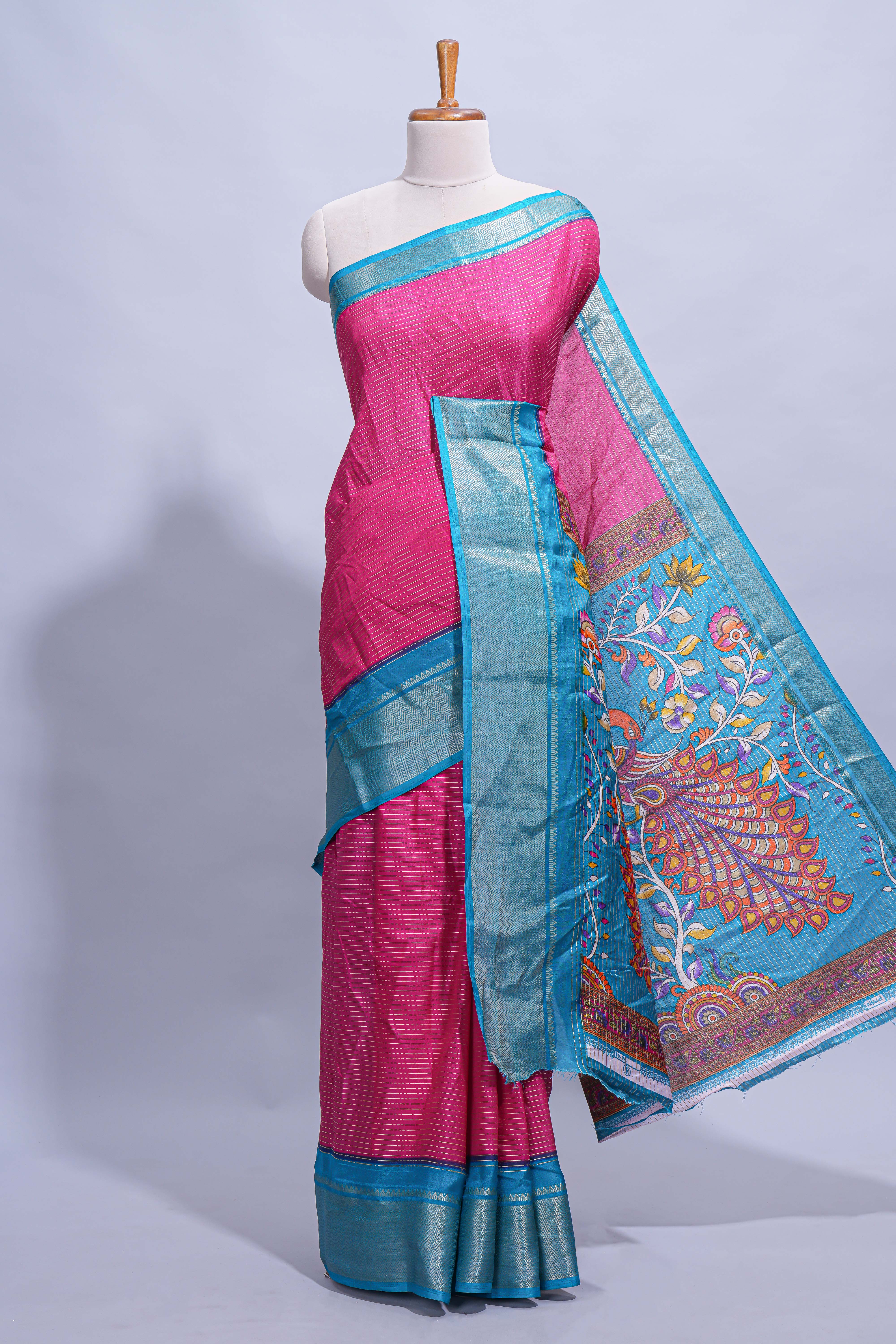 Pink dola silk saree with fine zari stripes contrast zari border and a rich peacock floral woven pallu along with printed contrast blouse - Image 2