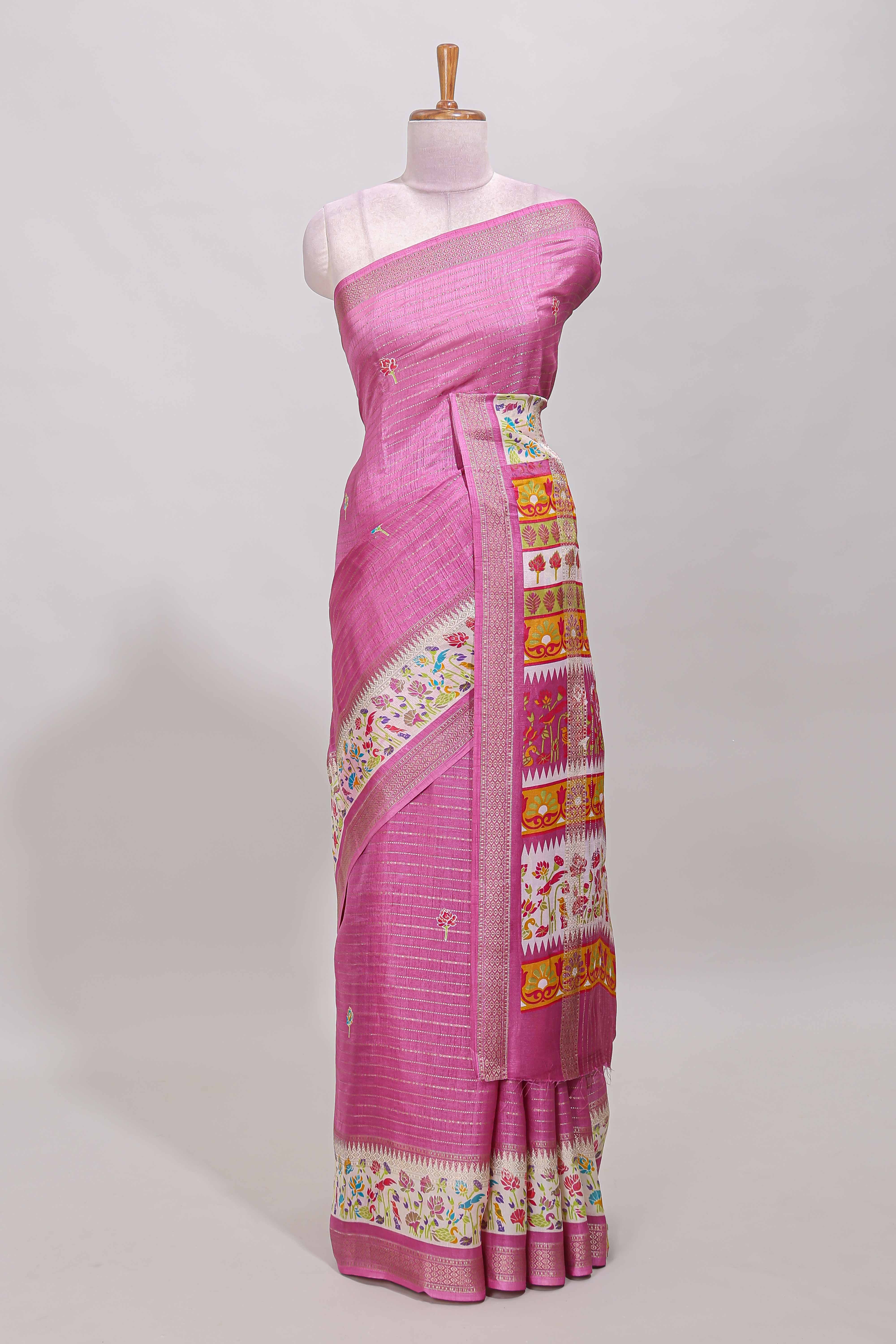 Pink dola silk saree with striped floral motifs and bird & floral bottom design with self zari border and matching blouse - Image 2