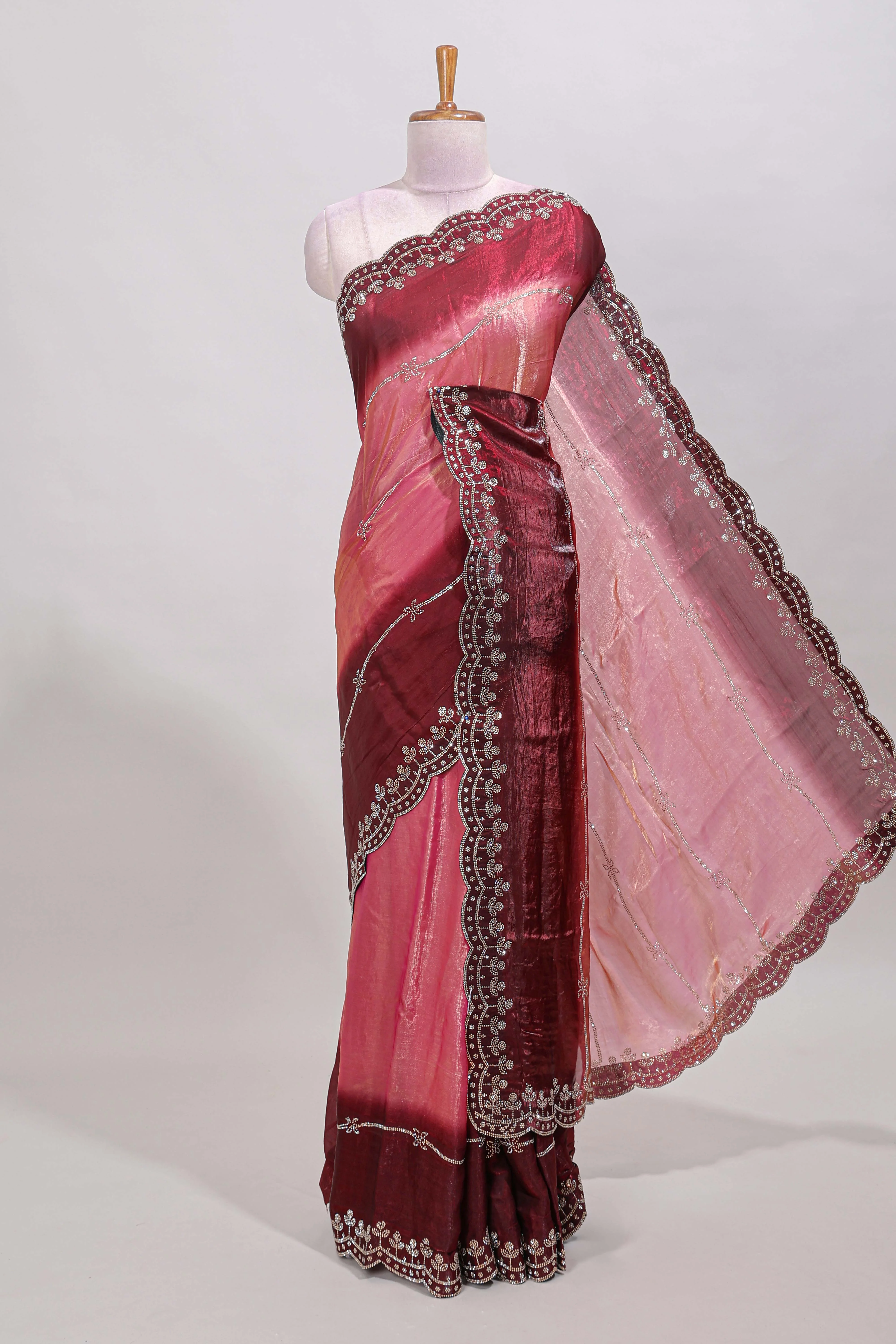 Pink dual shade stone work designer saree with self scallop design border and matching blouse