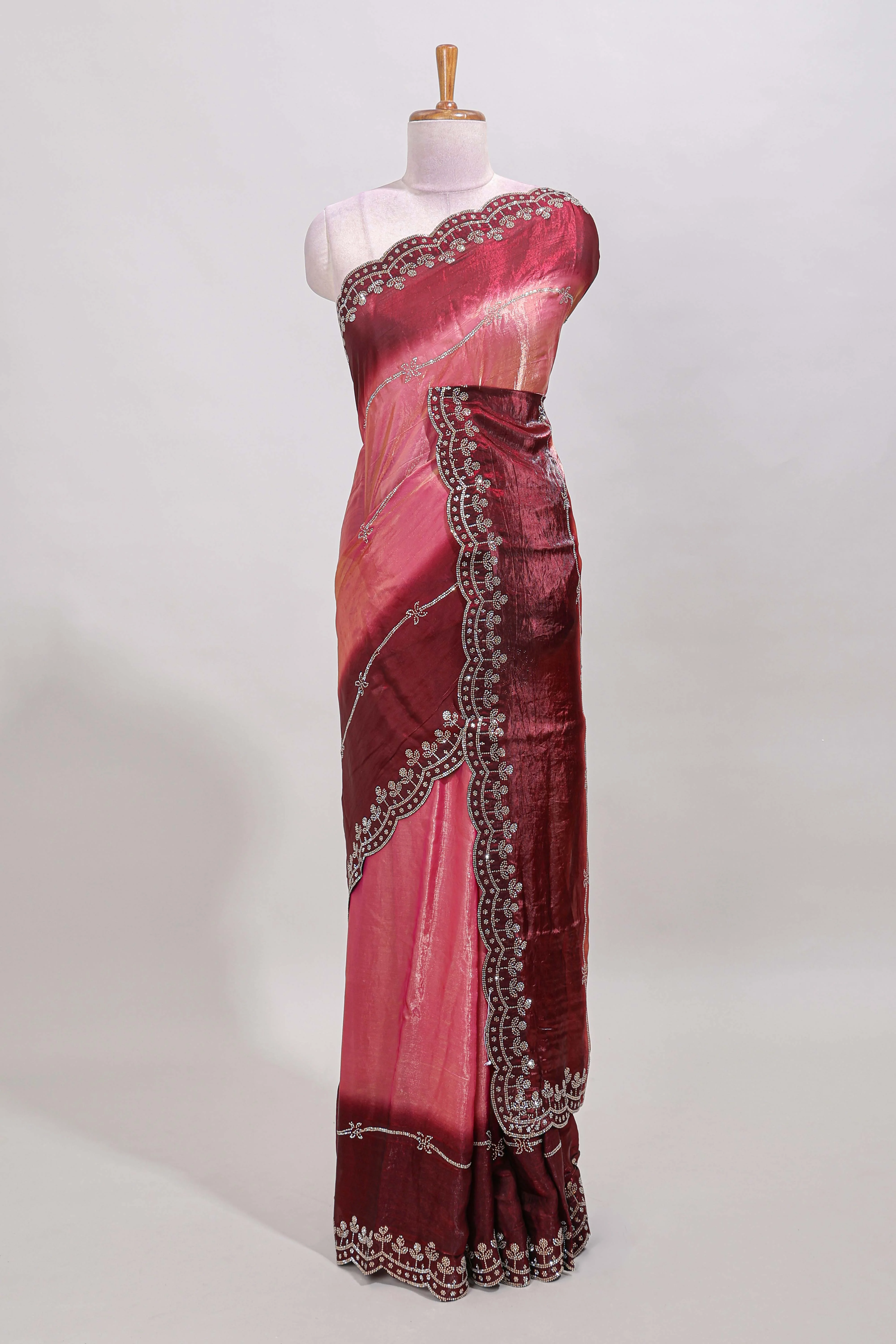Pink dual shade stone work designer saree with self scallop design border and matching blouse - Image 2