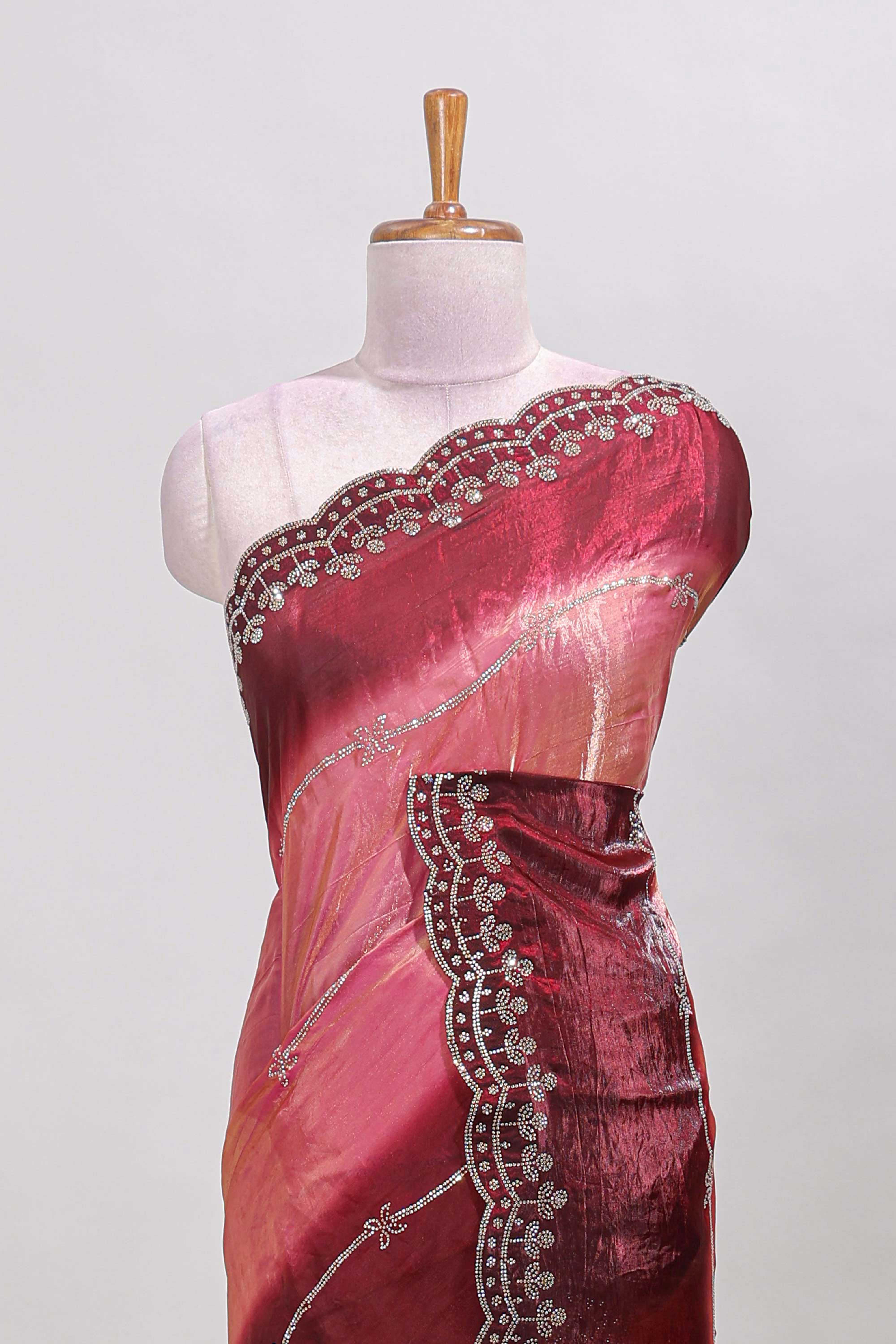 Pink dual shade stone work designer saree with self scallop design border and matching blouse - Image 3