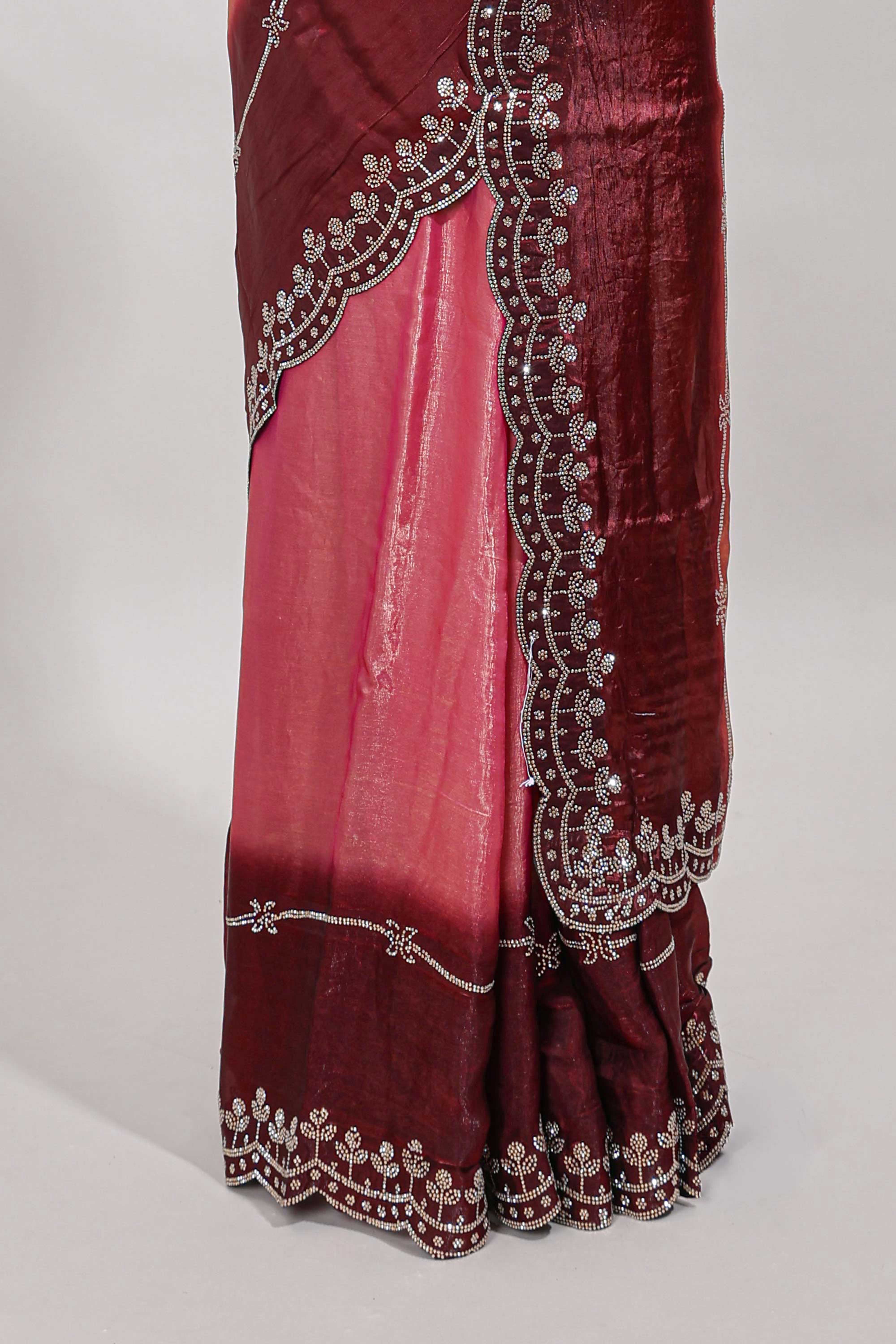 Pink dual shade stone work designer saree with self scallop design border and matching blouse - Image 4