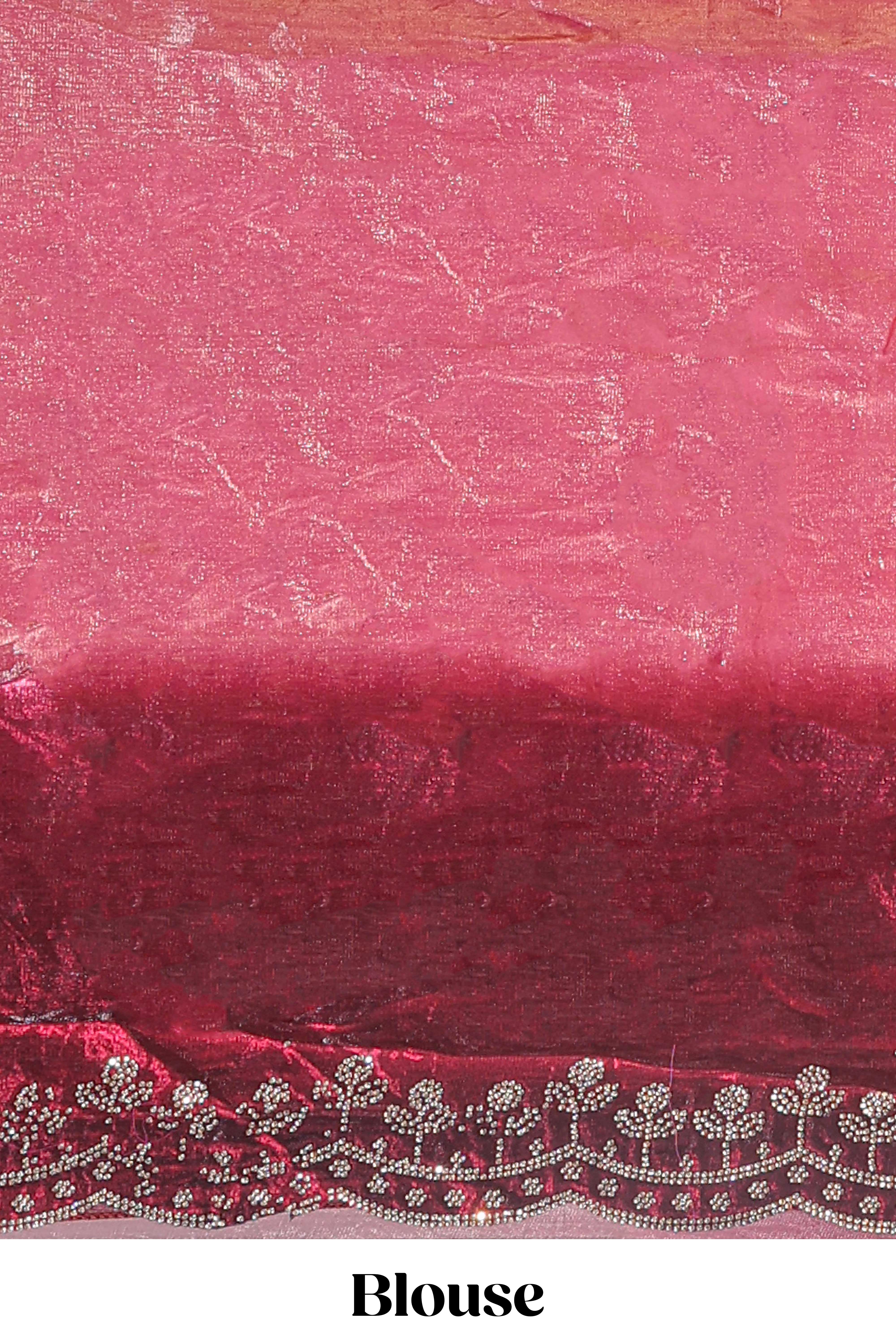 Pink dual shade stone work designer saree with self scallop design border and matching blouse - Image 5