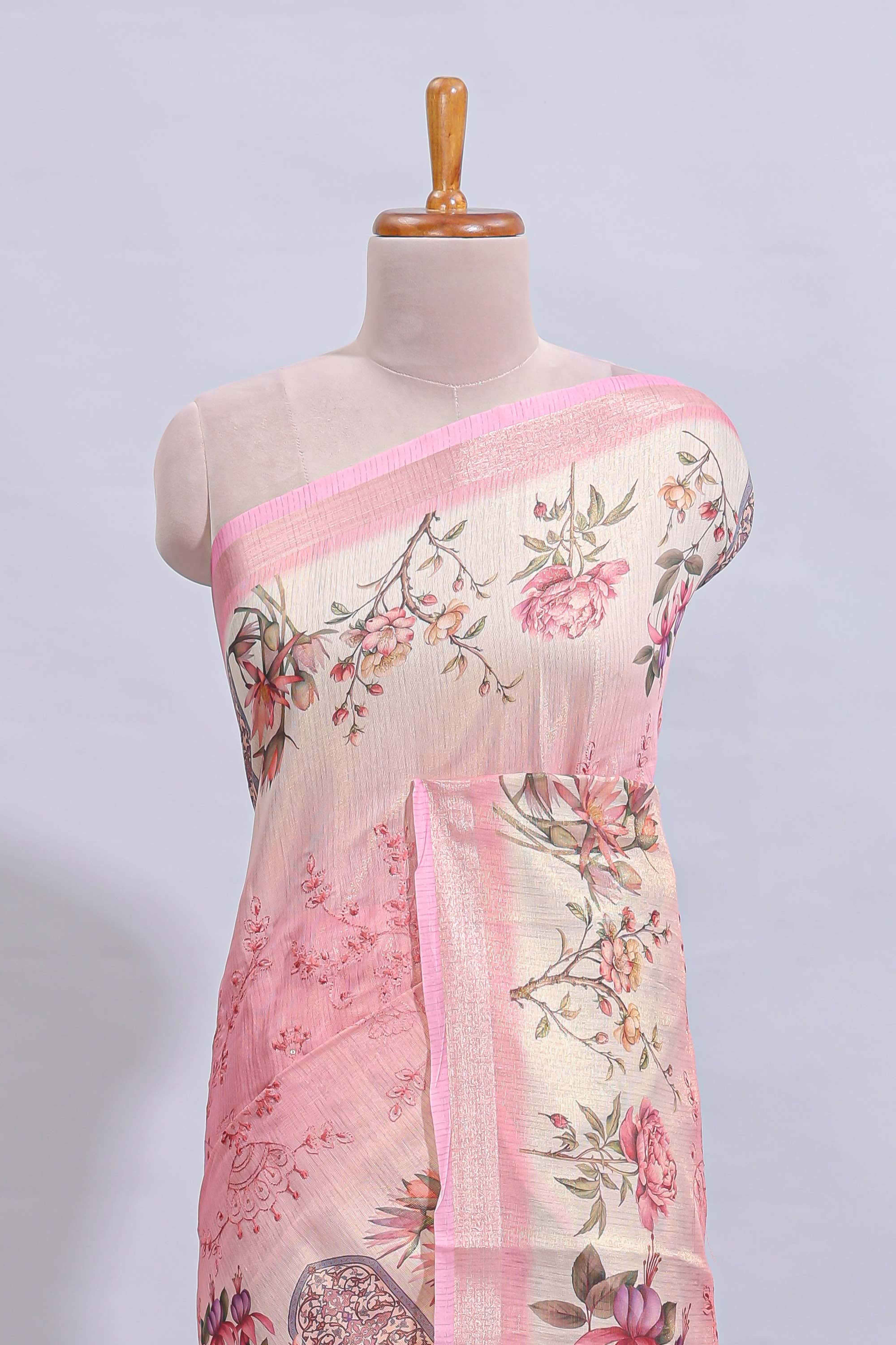 Pink floral design art tussar saree with self zari border and matching printed blouse - Image 3