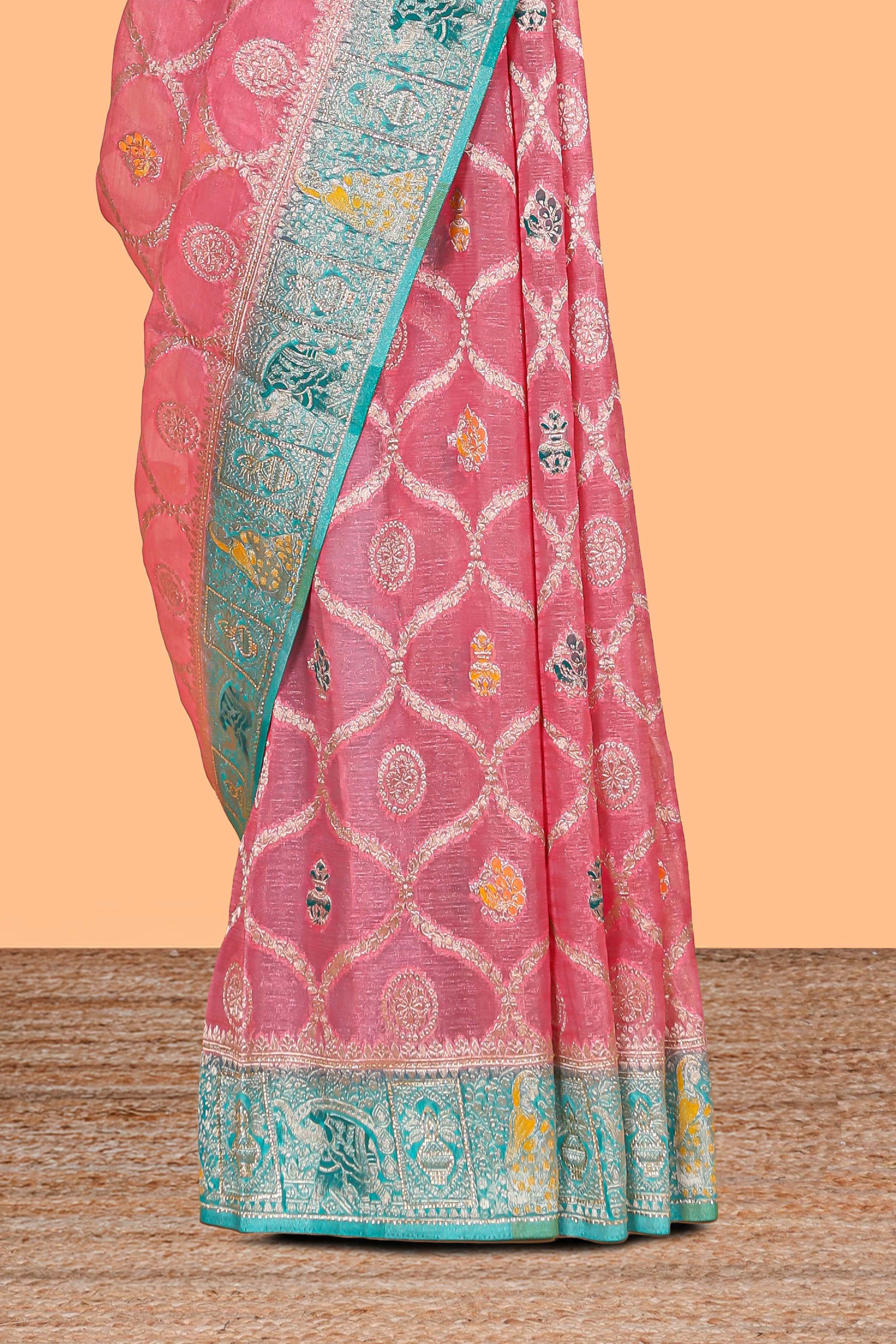 Pink floral design banarasi silk saree with contrast border and floral printed blouse - Image 3