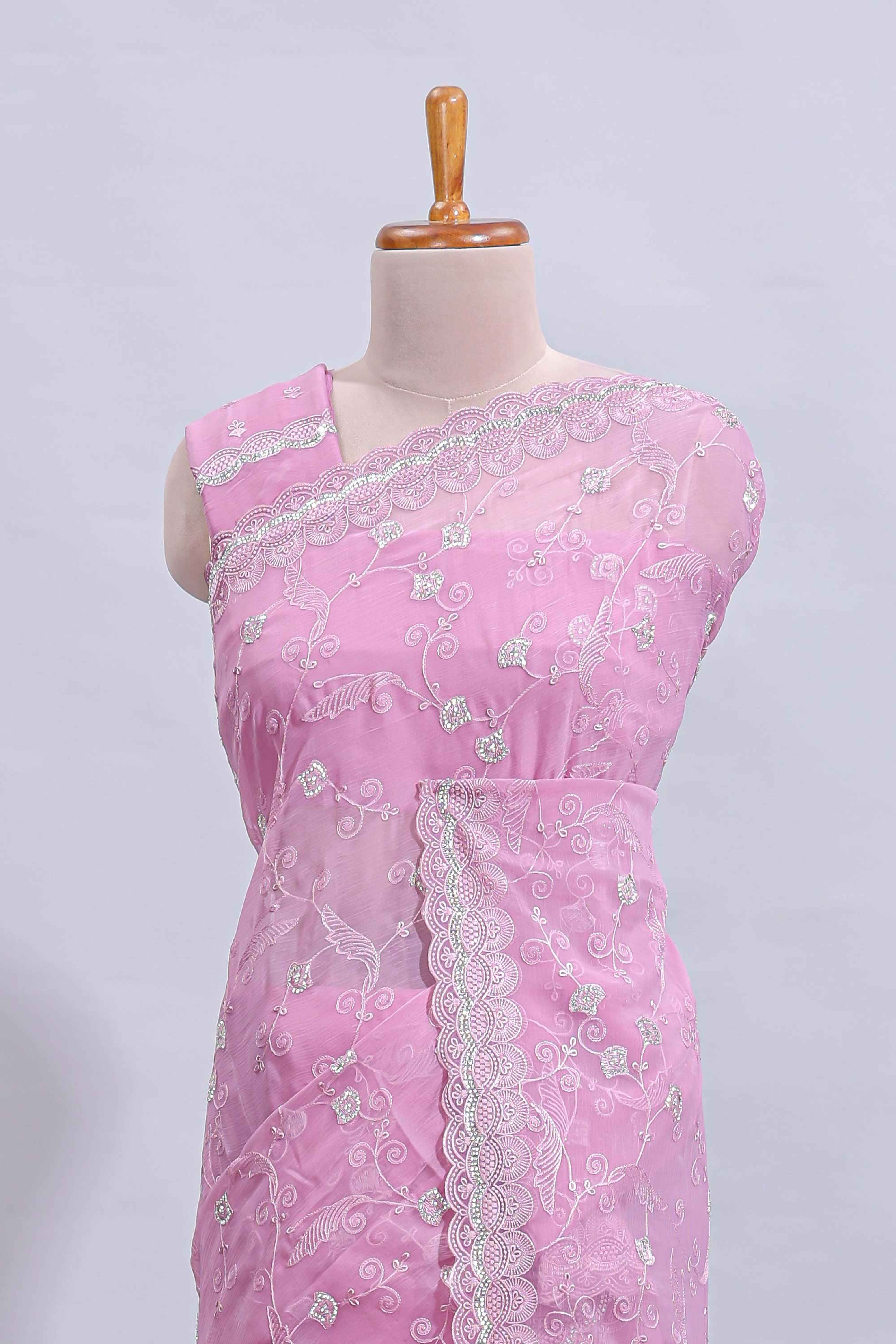 Pink floral design chamki work designer saree with self scallop border and matching blouse - Image 3
