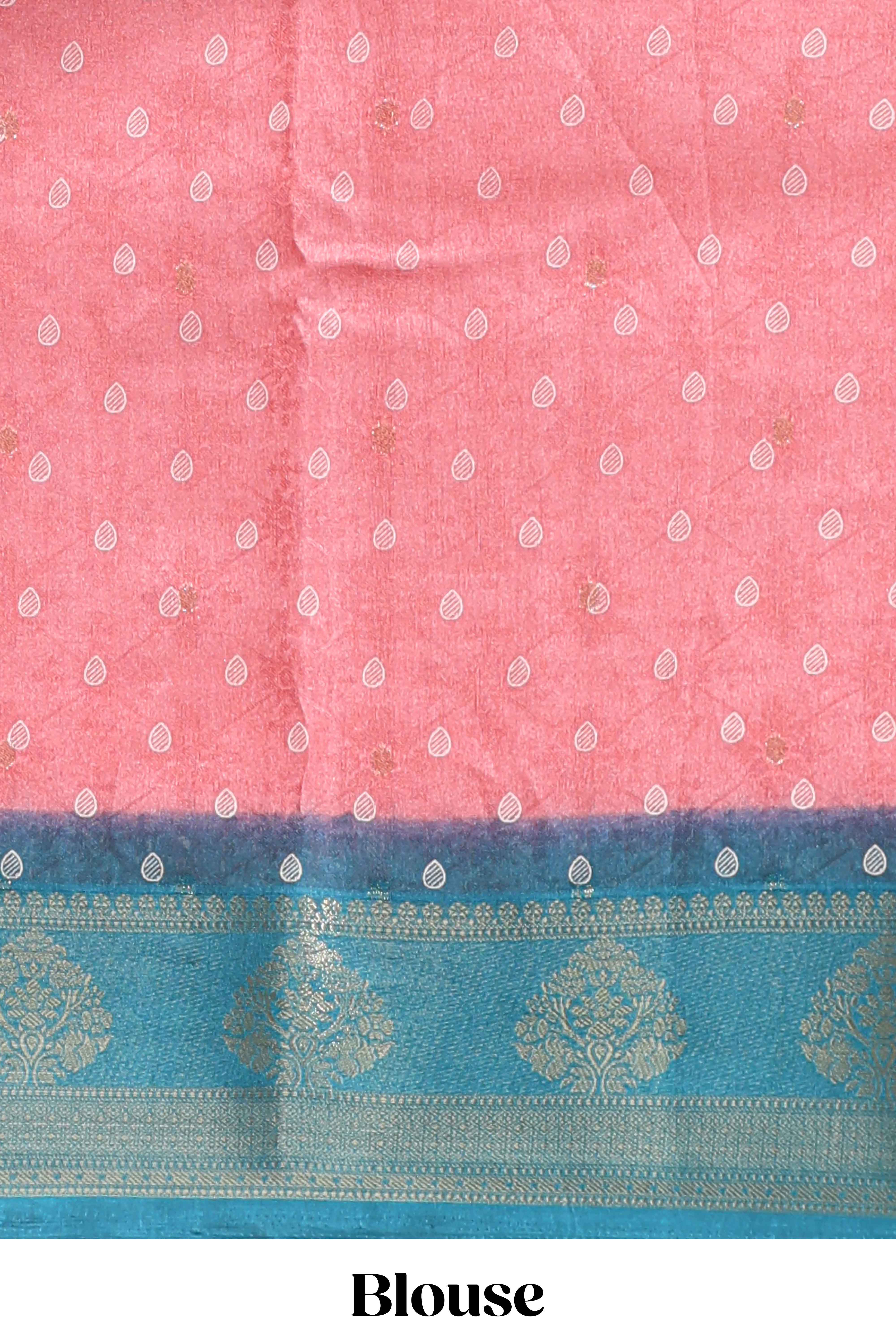 Pink floral design georgette saree with contrast border and motifs blouse - Image 5