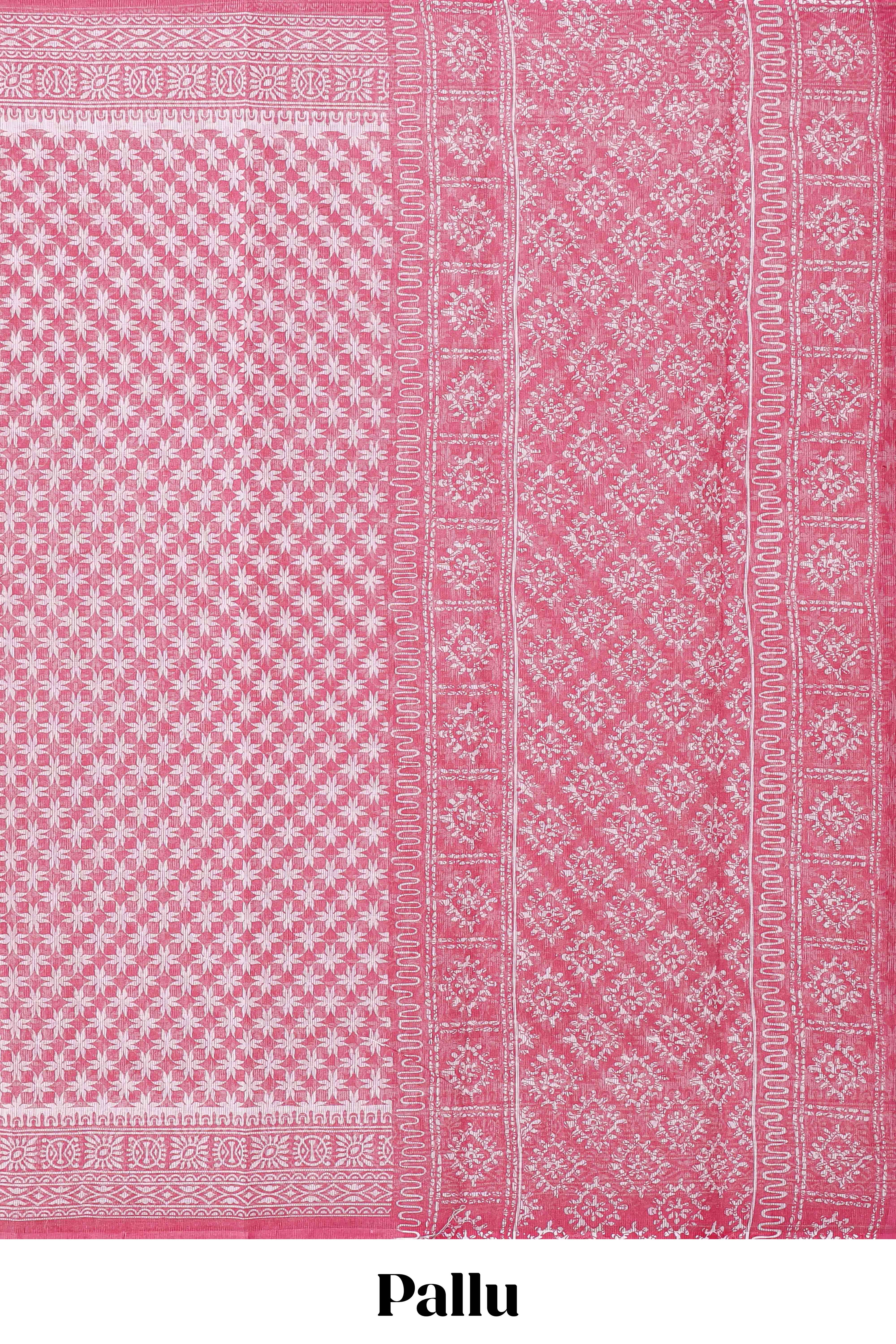 Pink floral design kota cotton saree with self border and contrast floral print blouse - Image 2