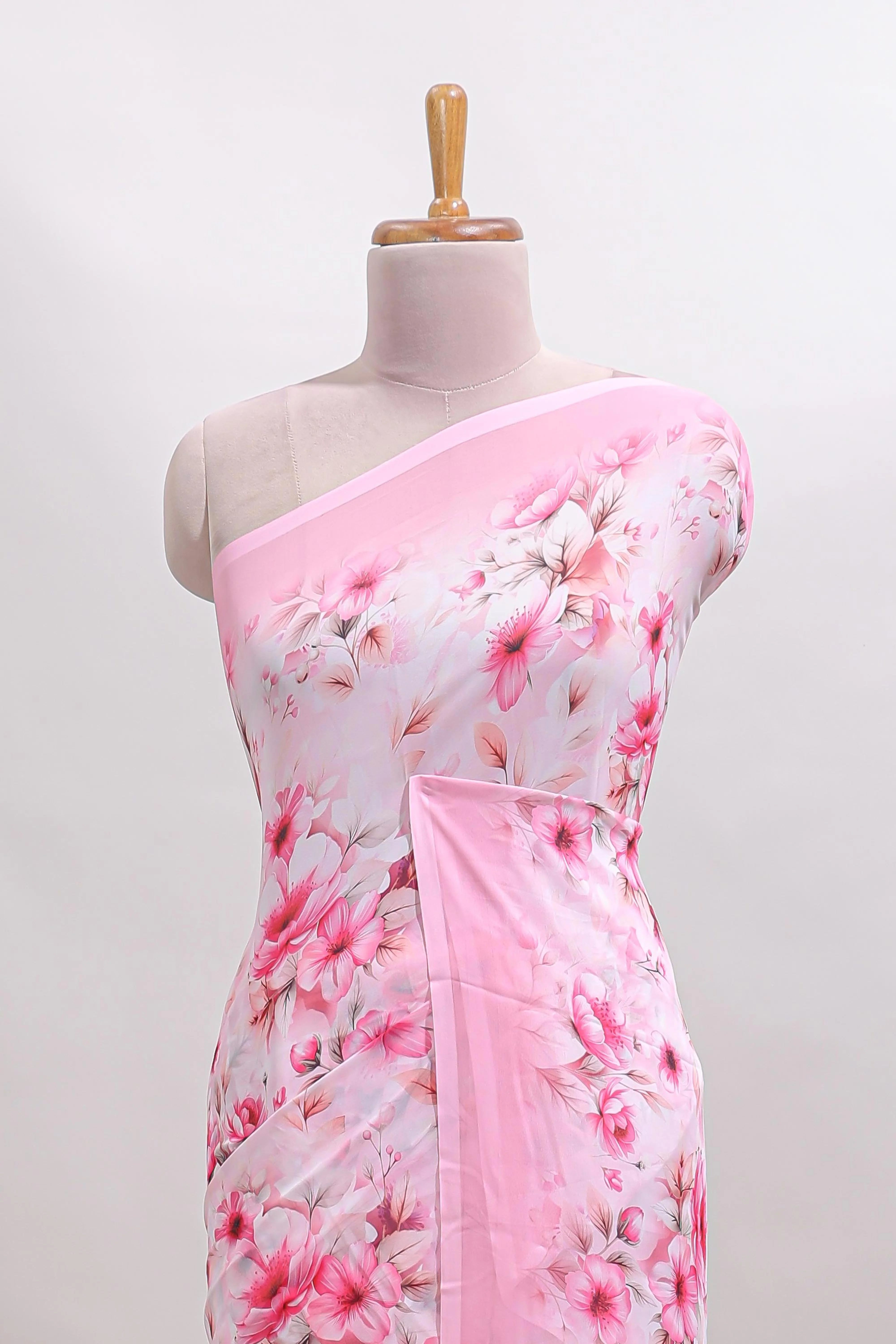 Pink floral design tussar saree with self border and matching blouse - Image 3