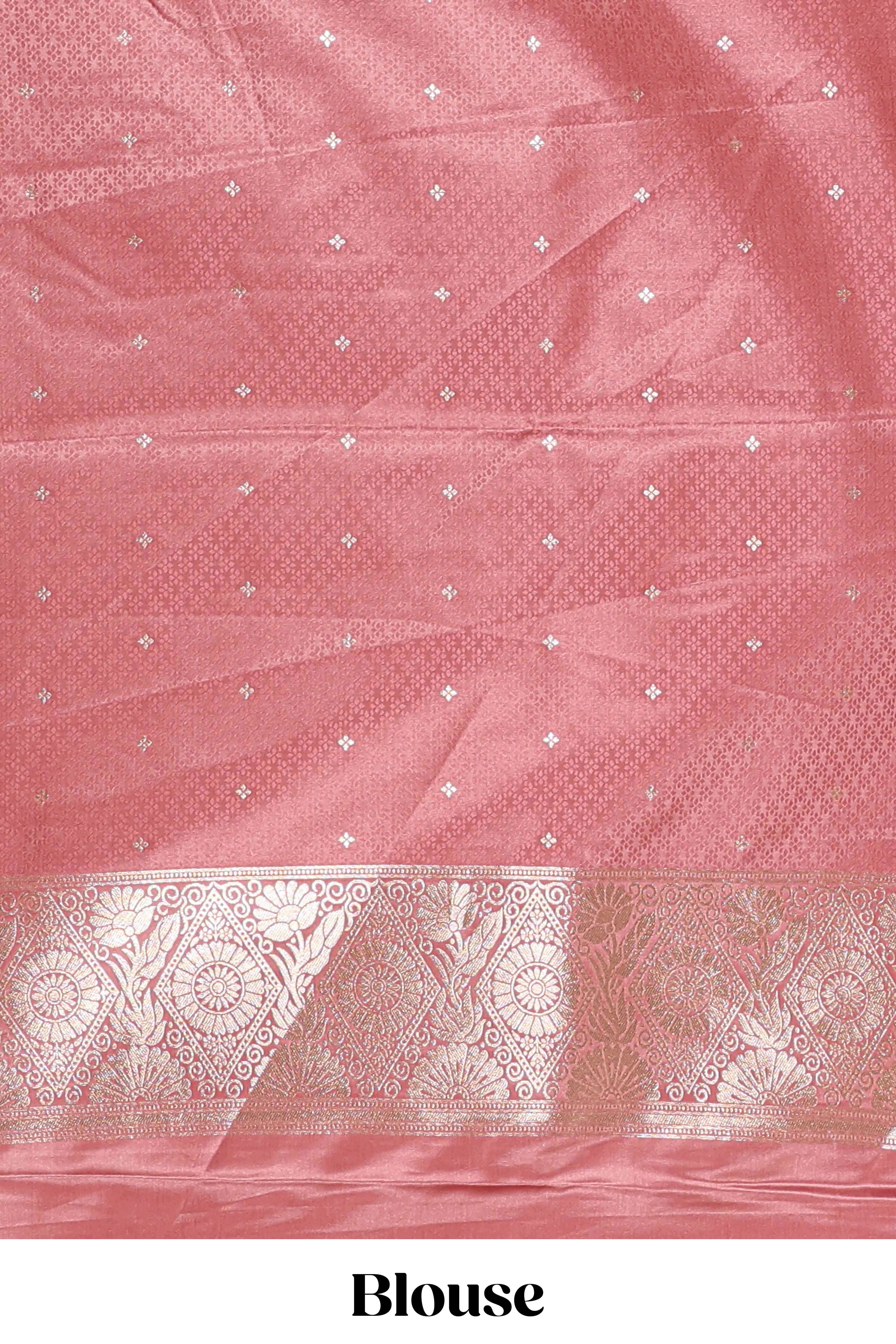 Pink floral motifs design banarasi silk saree with self cow design border and matching floral printed blouse - Image 5