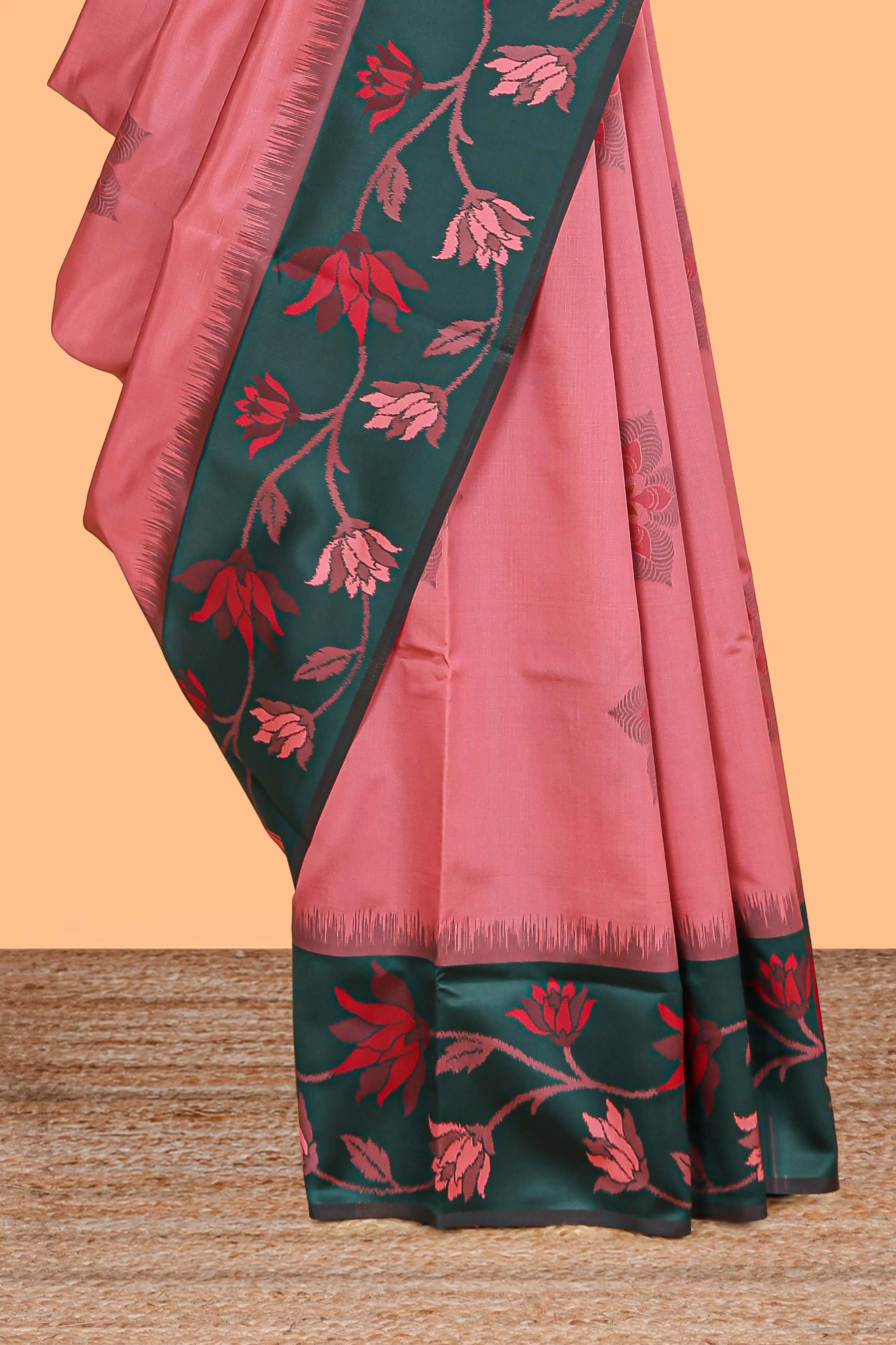 Pink floral motifs litchi silk saree with contrast floral vine border and blouse - Image 3