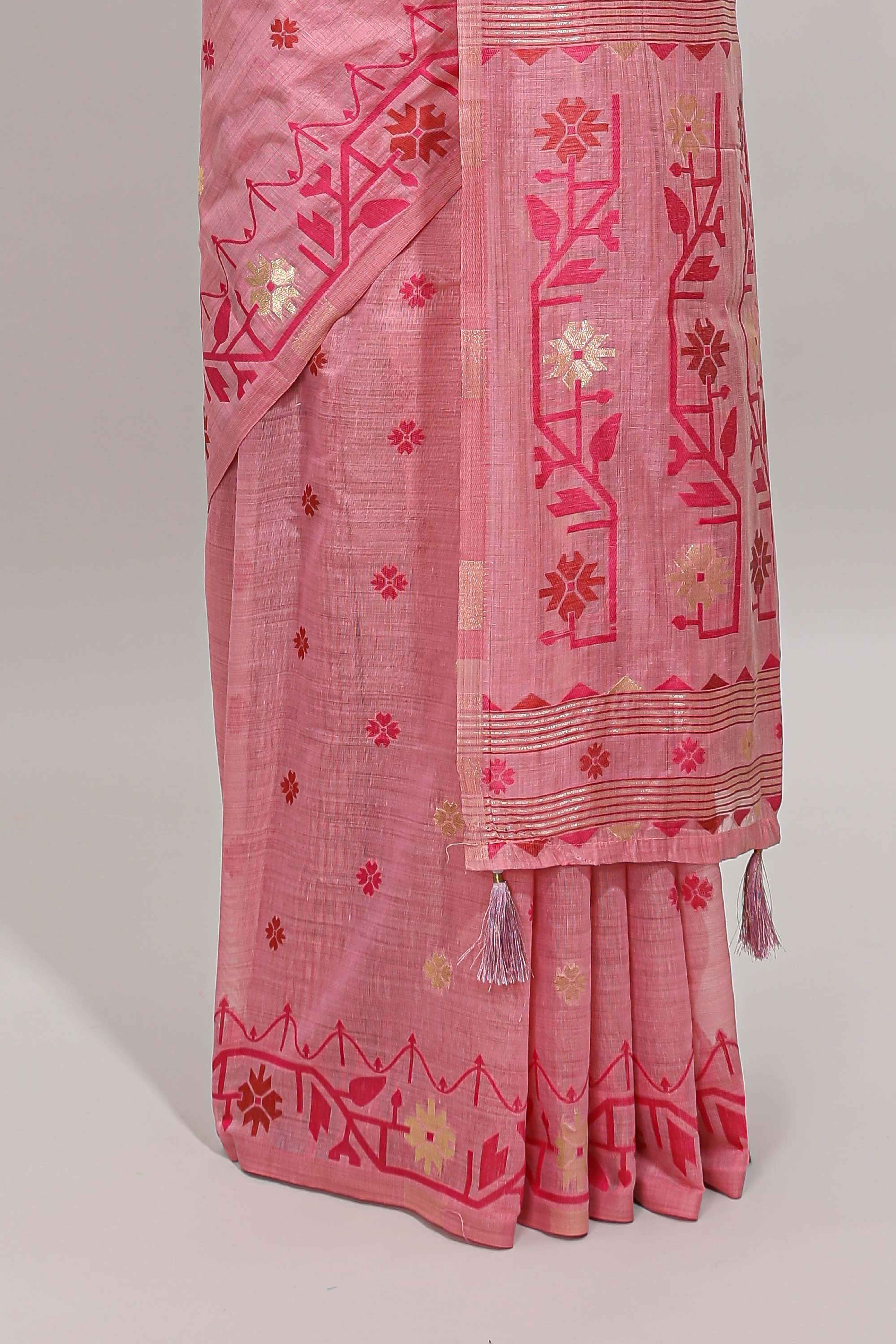 Pink floral motifs munga cotton saree with self border matching blouse - Image 4