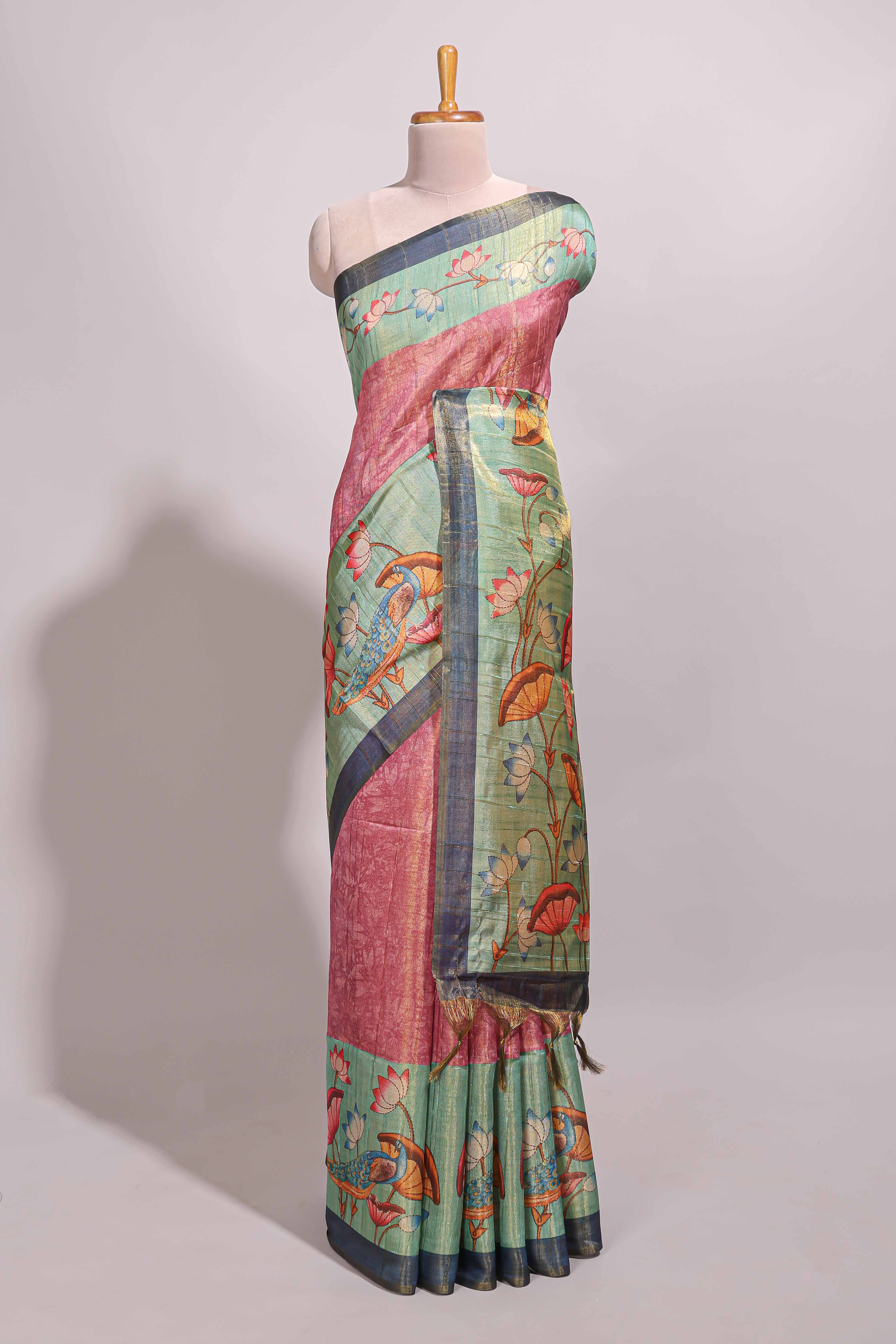 Pink floral & peacock design semi tussar saree with contrast border and floral printed blouse - Image 2