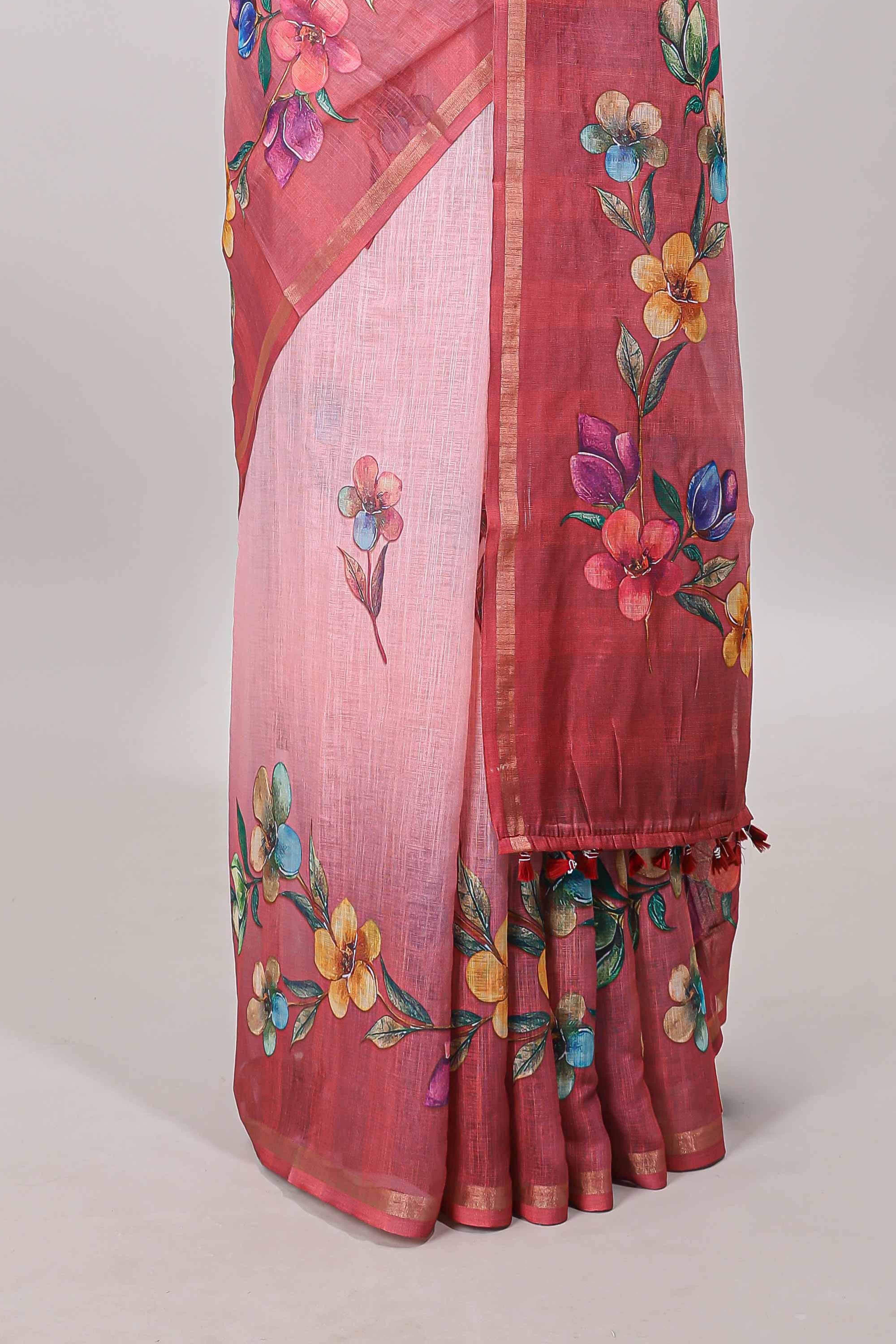 Pink floral vine design linen cotton saree with self zari border and matching printed blouse - Image 4