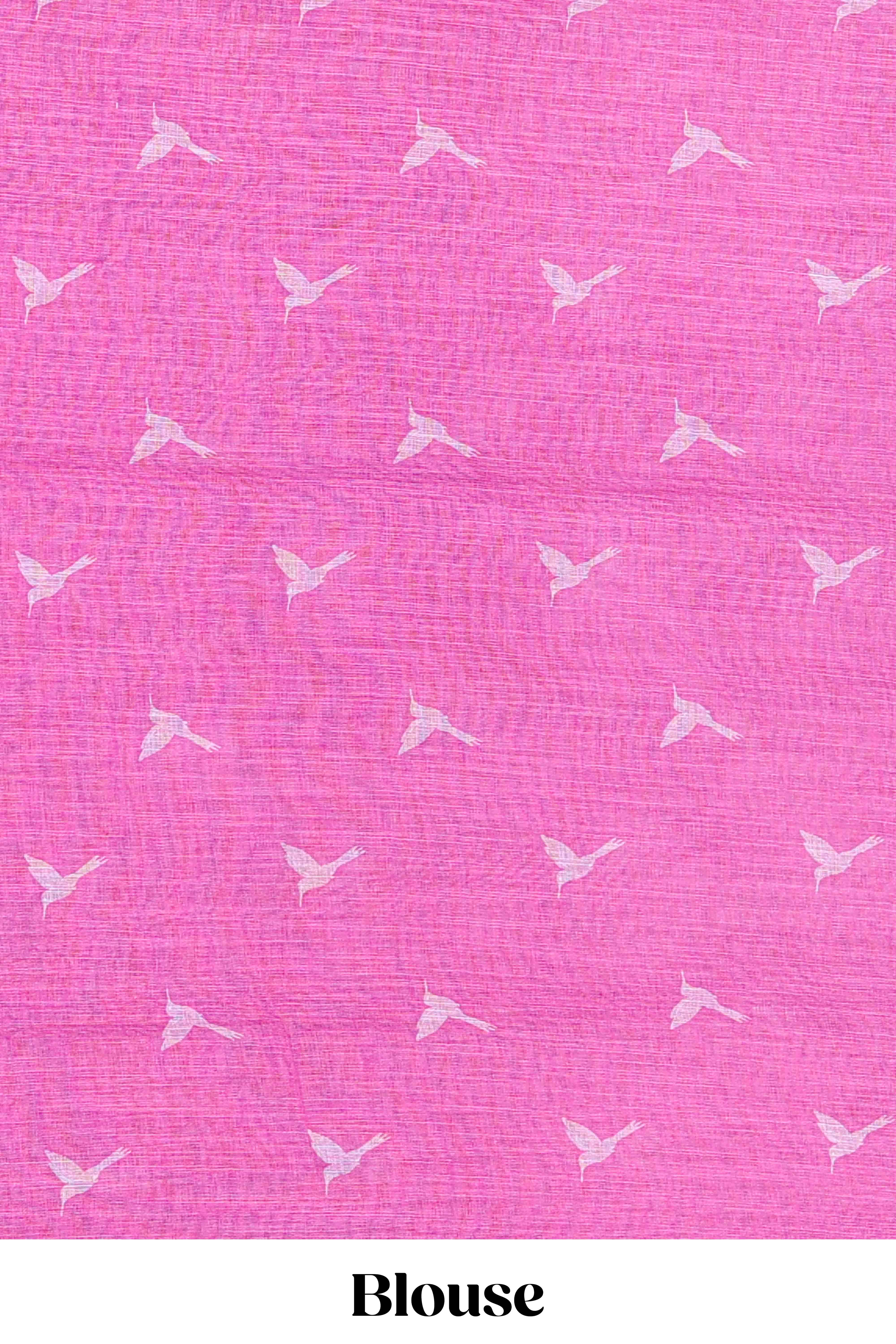 Pink forest birds and animals theme linen cotton saree with self palm tree border - Image 5