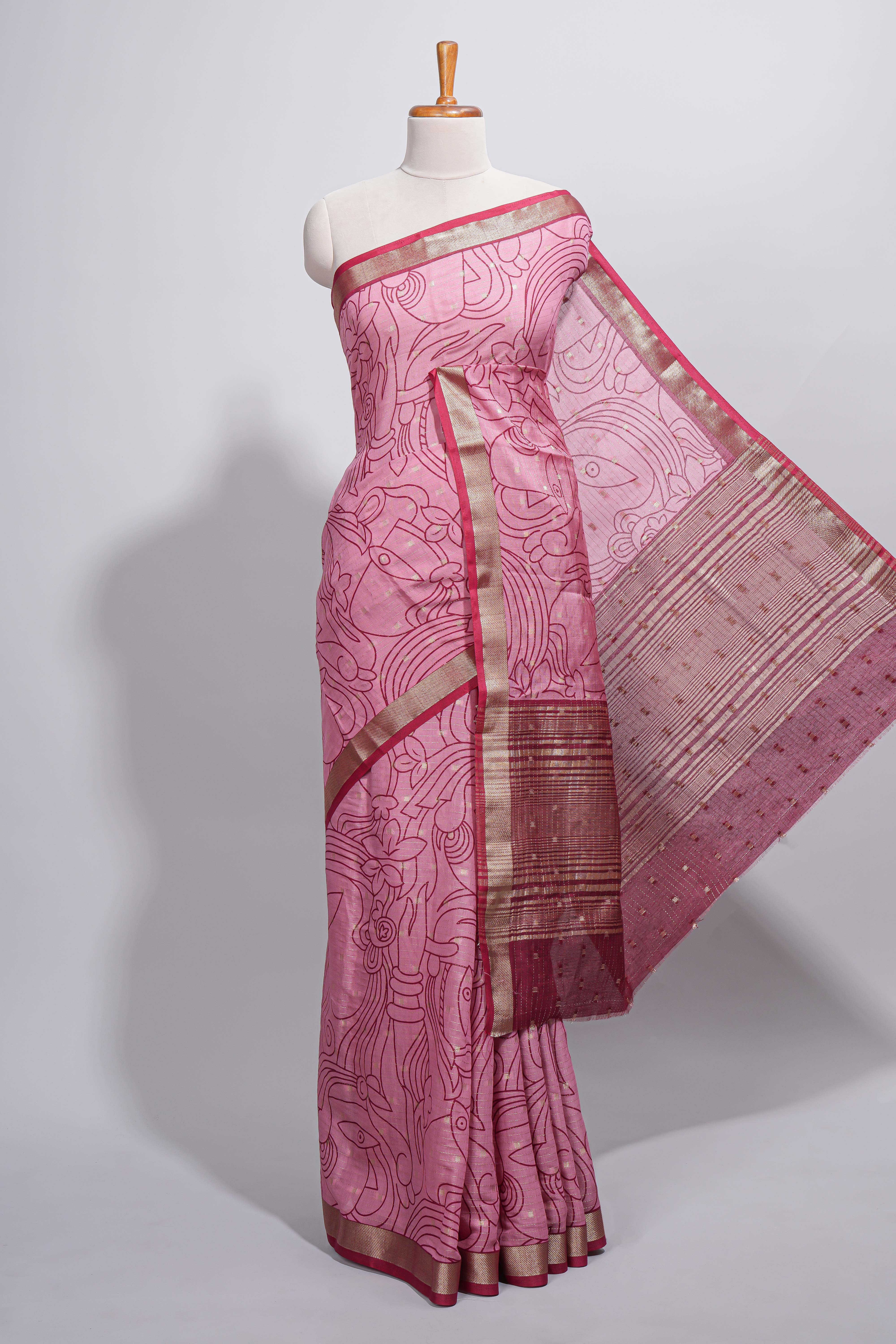 Pink green Assam Silk saree abstract floral line motifs subtle woven details contrast pallu and rich zari border and contrast blouse - Image 2