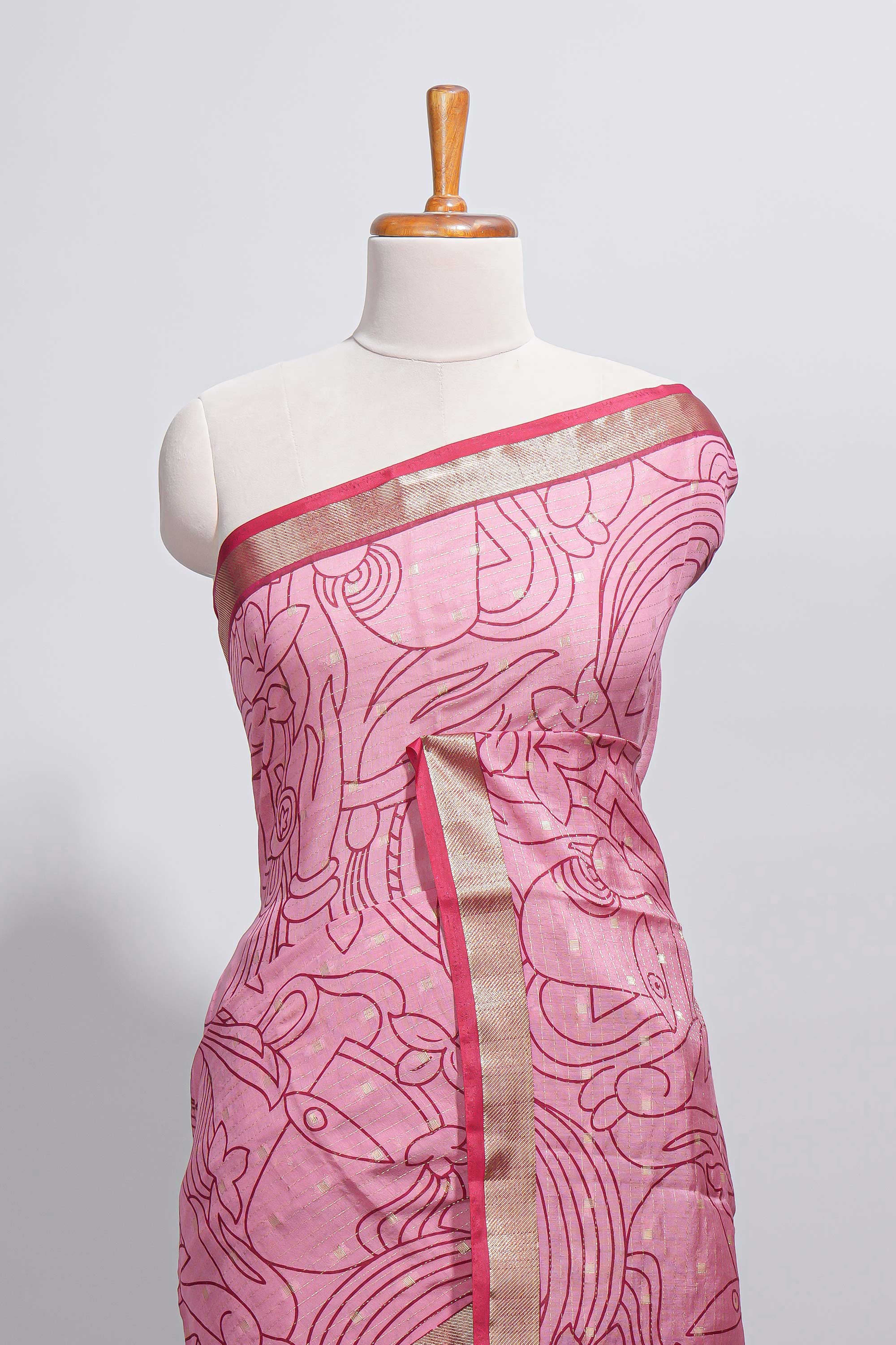 Pink green Assam Silk saree abstract floral line motifs subtle woven details contrast pallu and rich zari border and contrast blouse - Image 3