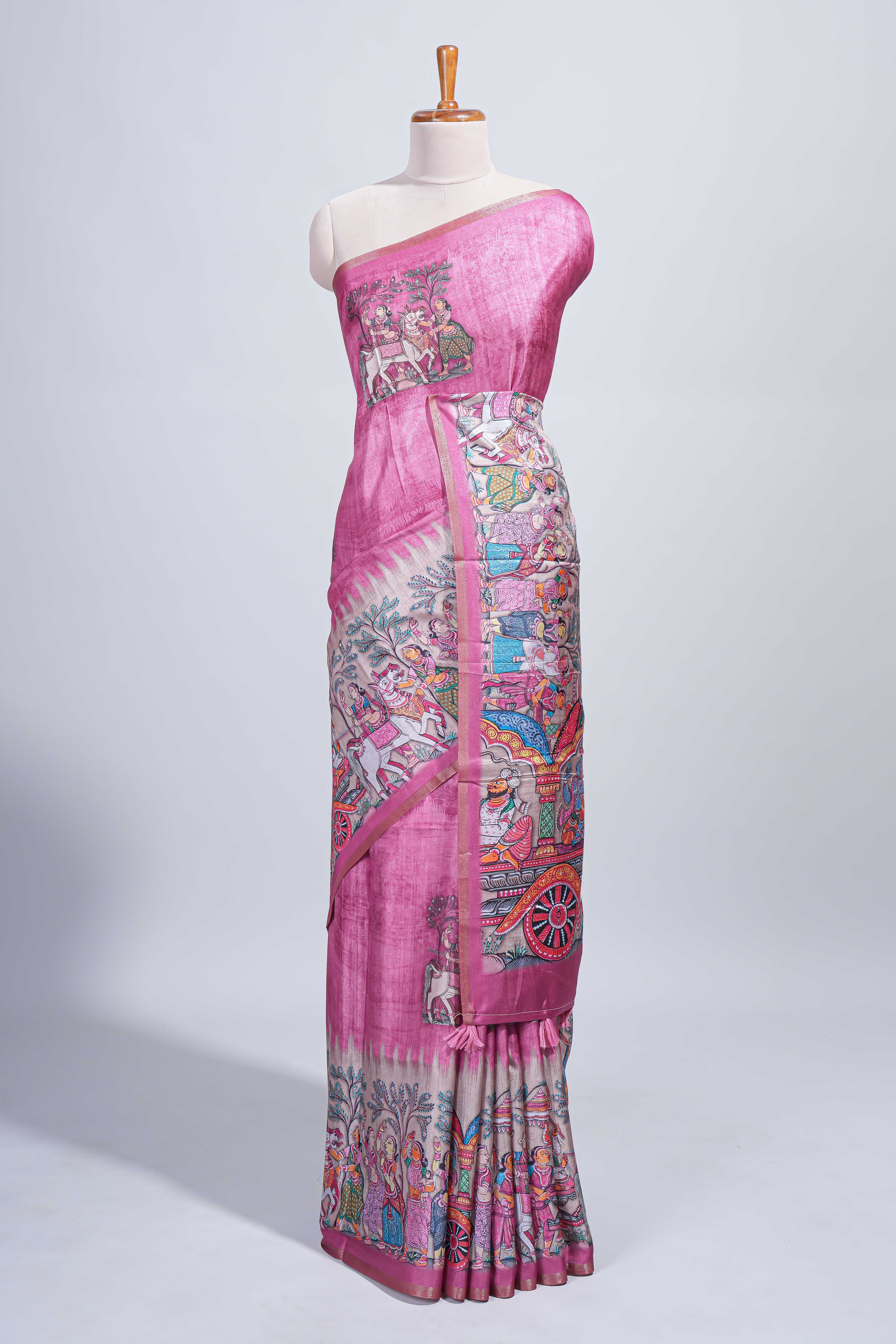 Pink kalamkari style pattachitra storytelling motifs tussar saree with self border and matching blouse - Image 2