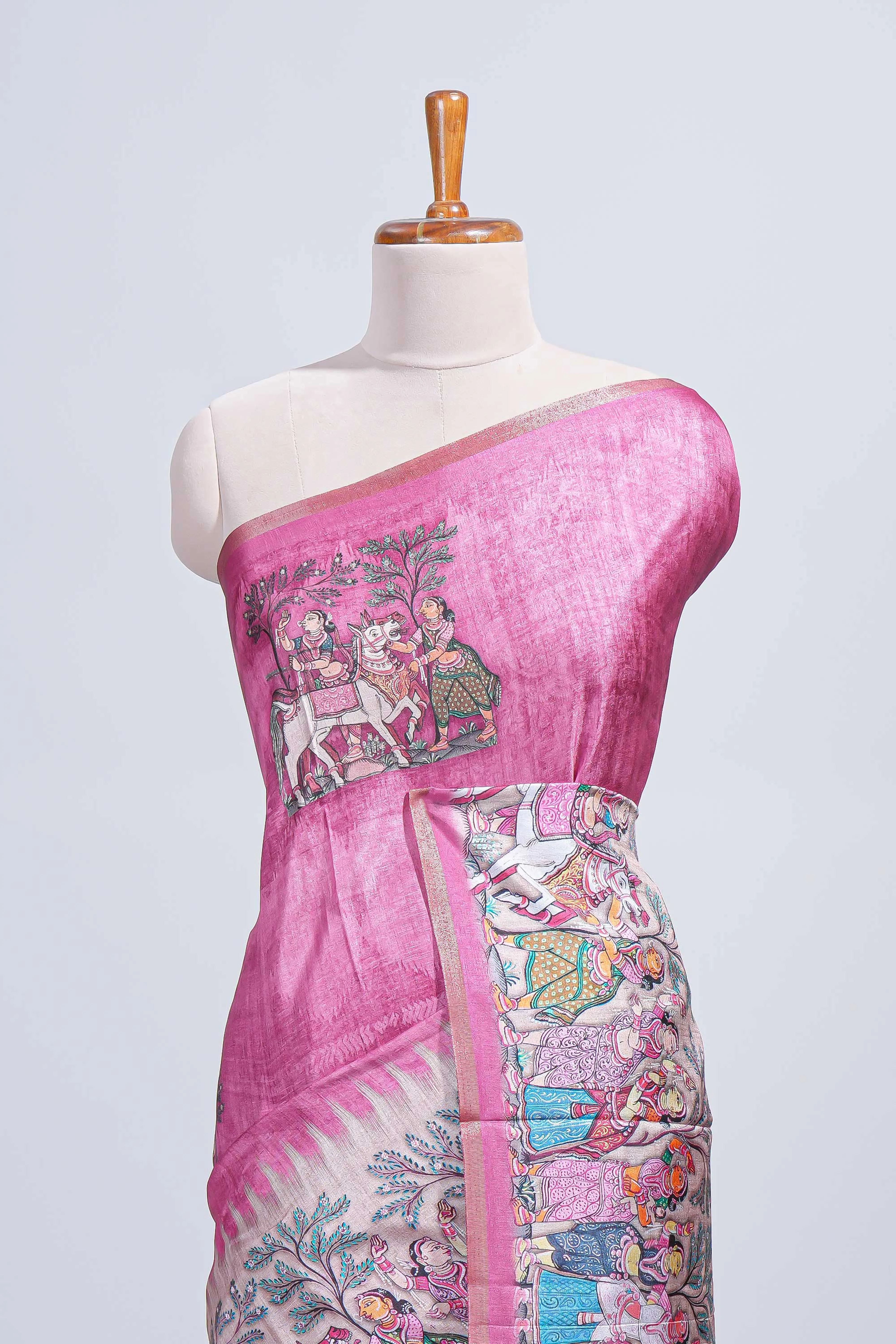 Pink kalamkari style pattachitra storytelling motifs tussar saree with self border and matching blouse - Image 3