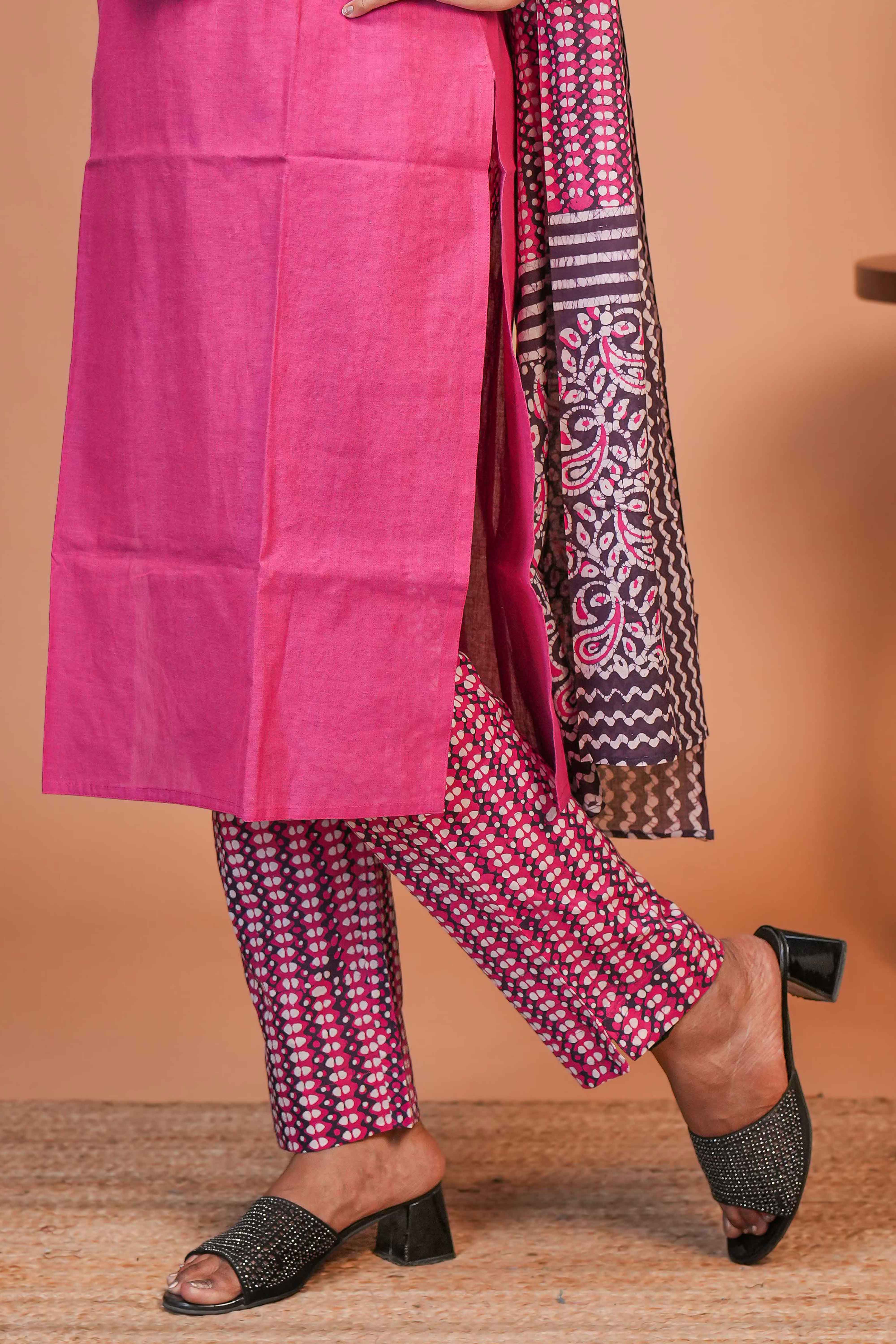 Pink embroidery mirror work design round neck salwar set with 3/4th sleeve, printed bottom and dupatta - Image 4