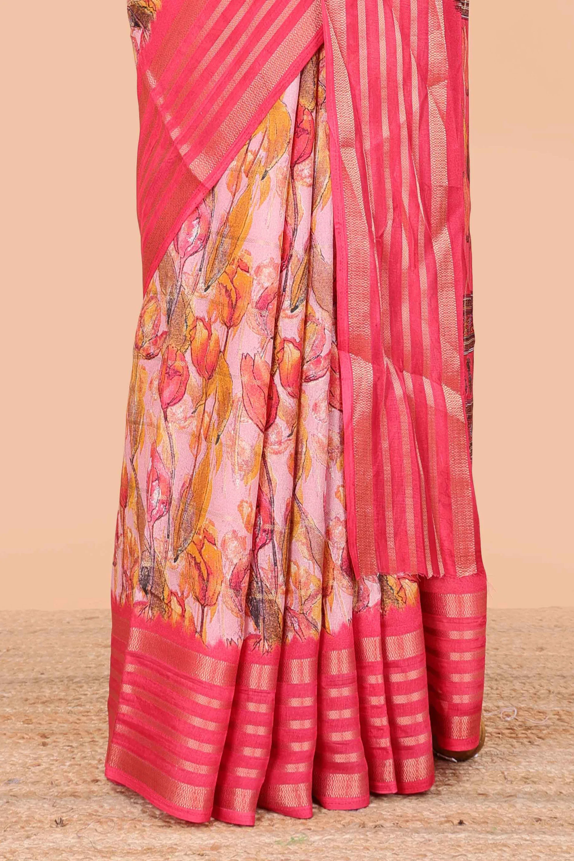 Pink moss chiffon saree with striped floral print, contrast zari border and pallu - Image 4