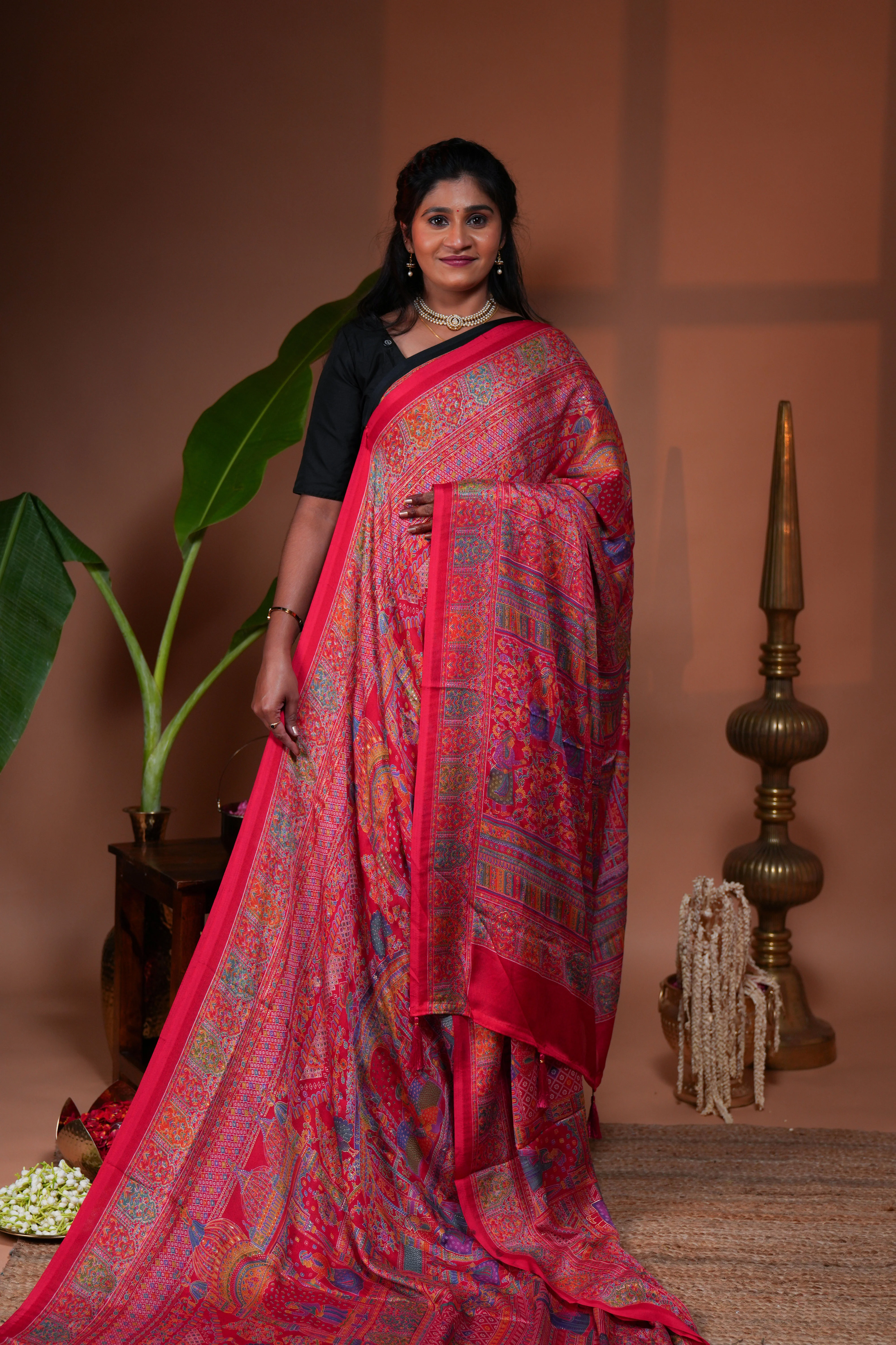 Pink mughal style foil print georgette saree with self border and matching floral printed blouse - Image 2