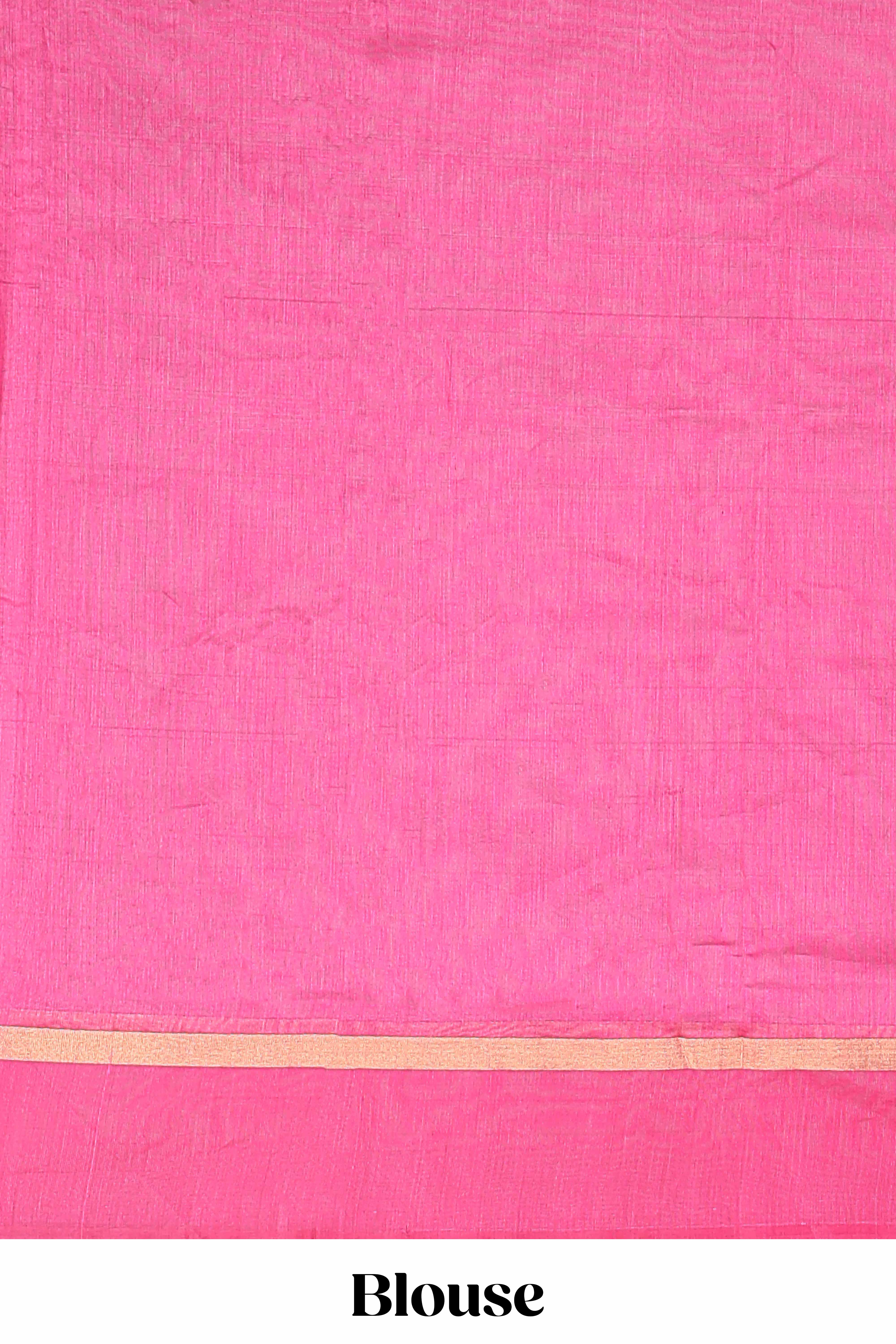 Pink plain ikkat cotton saree with contrast border and zari striped pallu - Image 3
