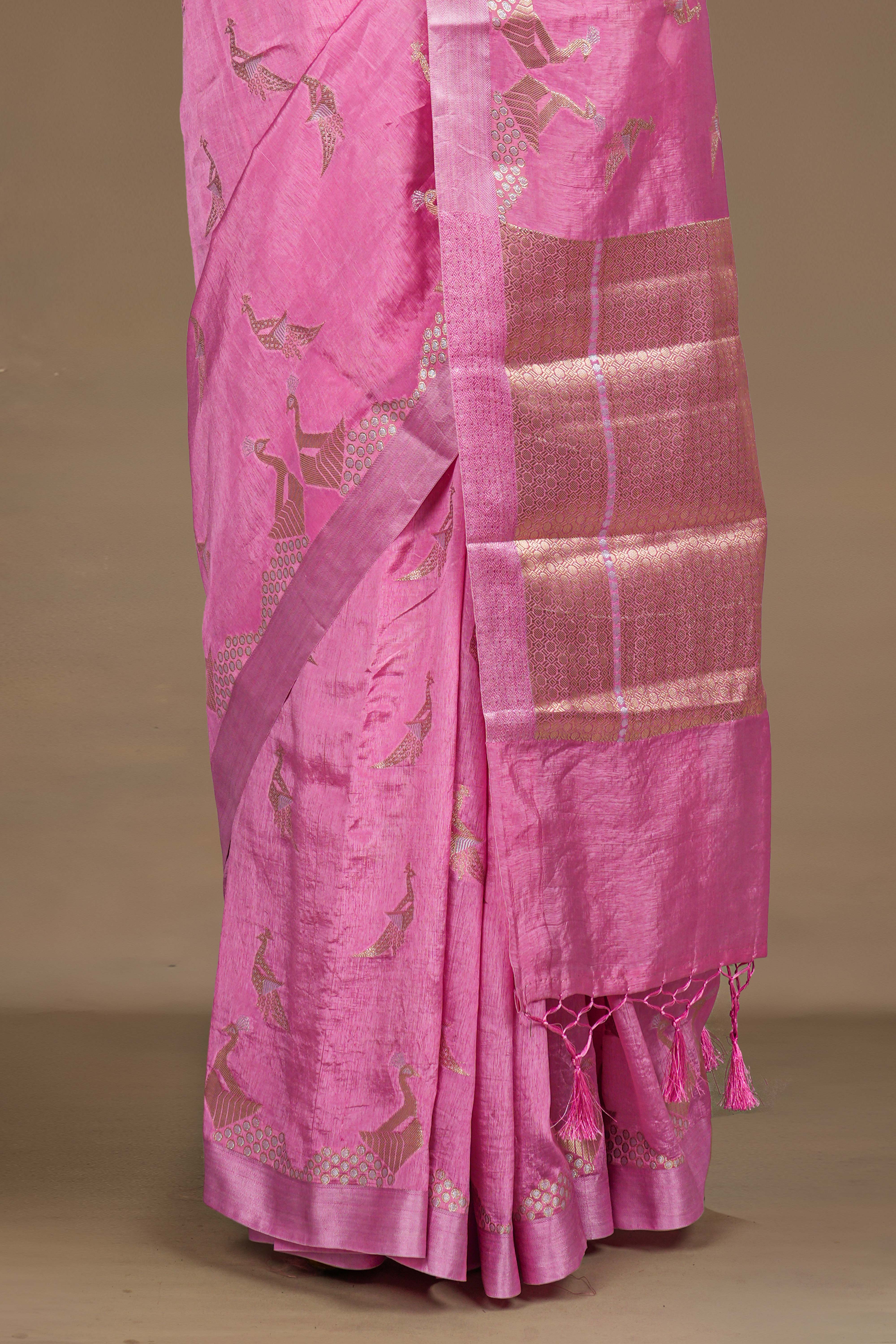 Pink Raw Silk Saree Woven Peacock Motifs. The Body Pallu Stands Out With Broad Golden Zari Woven With Intricate Geometric Pattern - Image 4