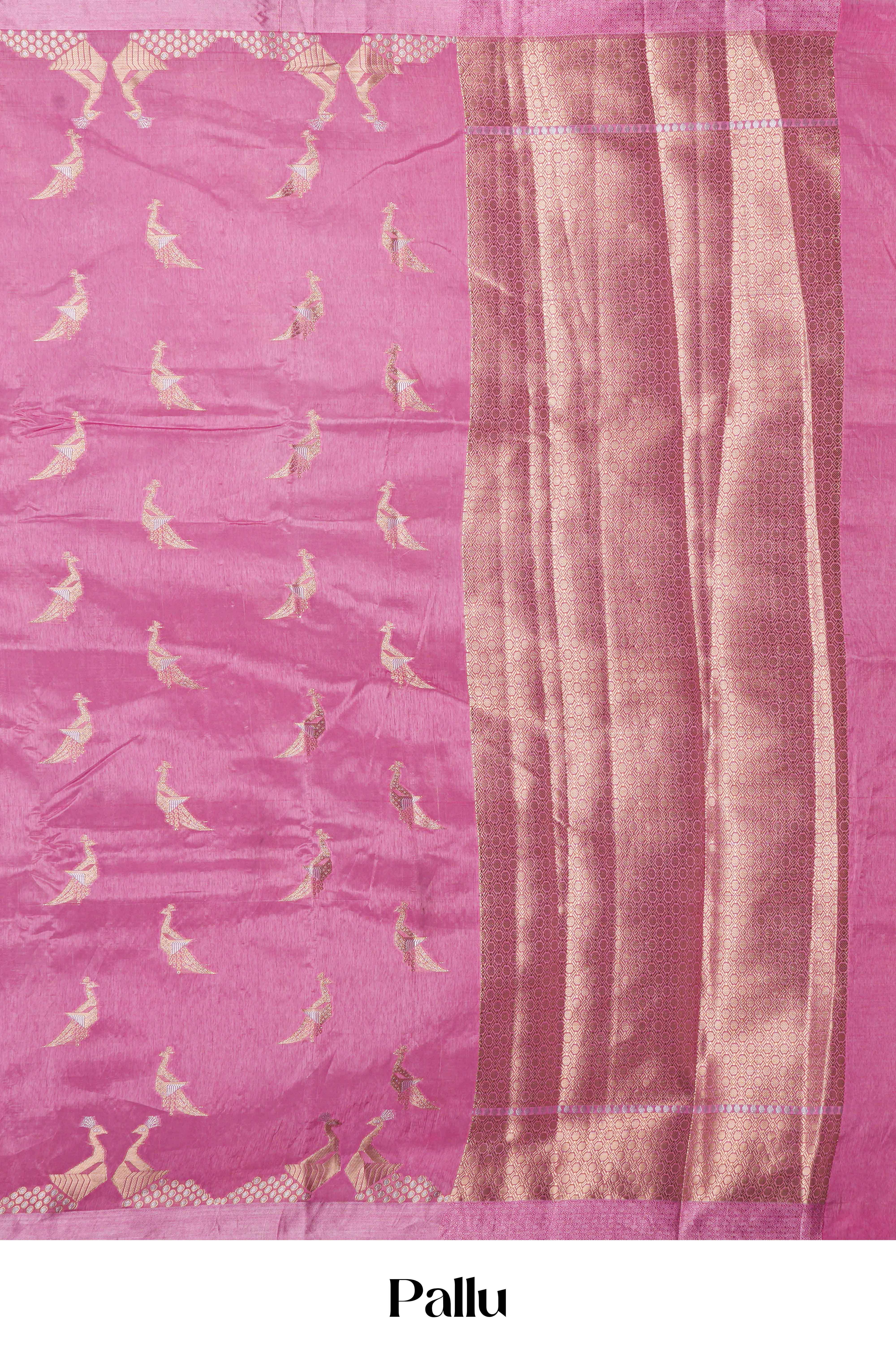 Pink Raw Silk Saree Woven Peacock Motifs. The Body Pallu Stands Out With Broad Golden Zari Woven With Intricate Geometric Pattern - Image 5