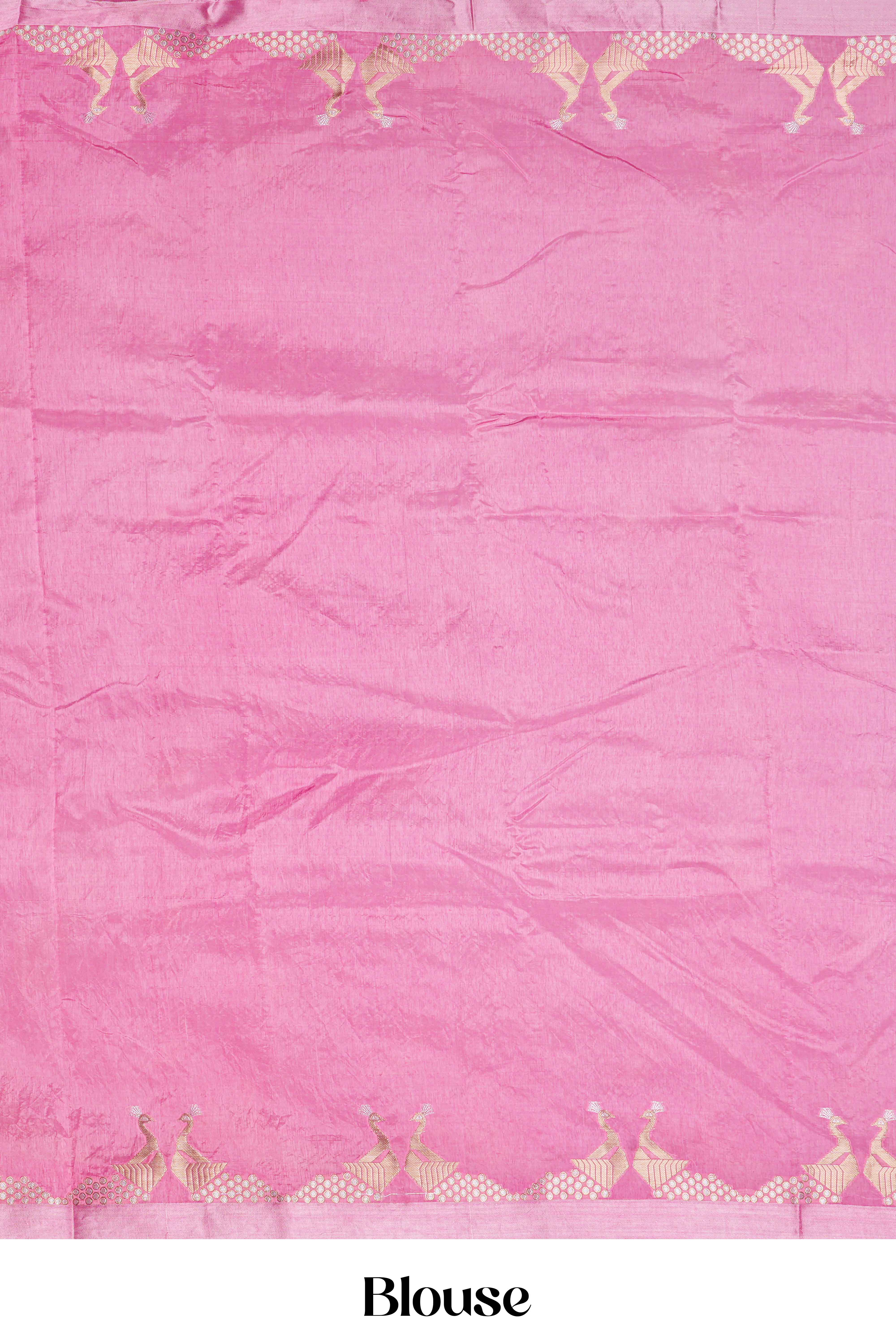 Pink Raw Silk Saree Woven Peacock Motifs. The Body Pallu Stands Out With Broad Golden Zari Woven With Intricate Geometric Pattern - Image 6