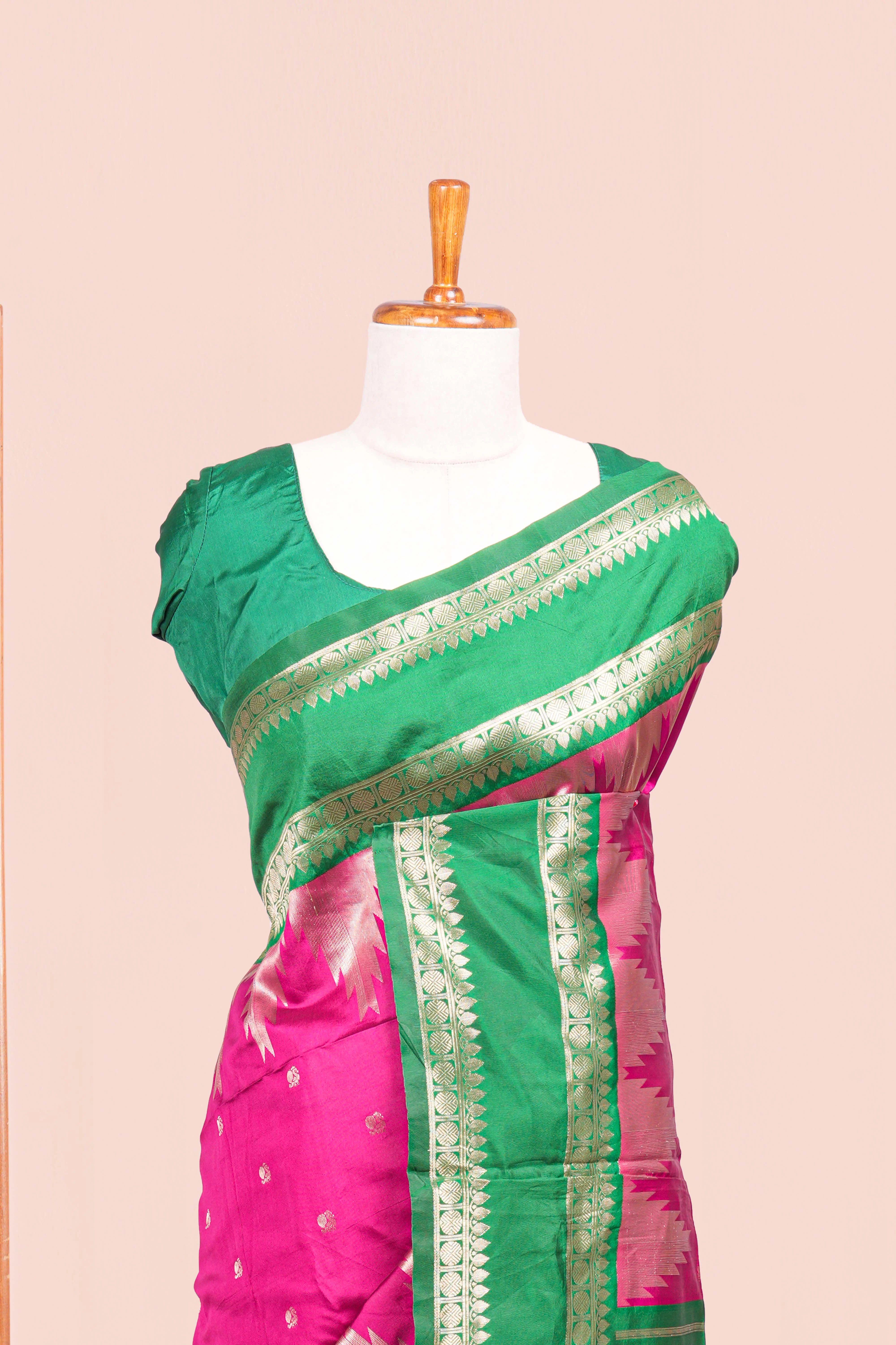 Pink Semi Art Silk Saree Delicate Golden Zari Motifs Along With Thalampoo Zari Woven Across The Body. The Border Is Broad With Intricate Floral Zari Weaving Rich Golden Zari Pallu - Image 3