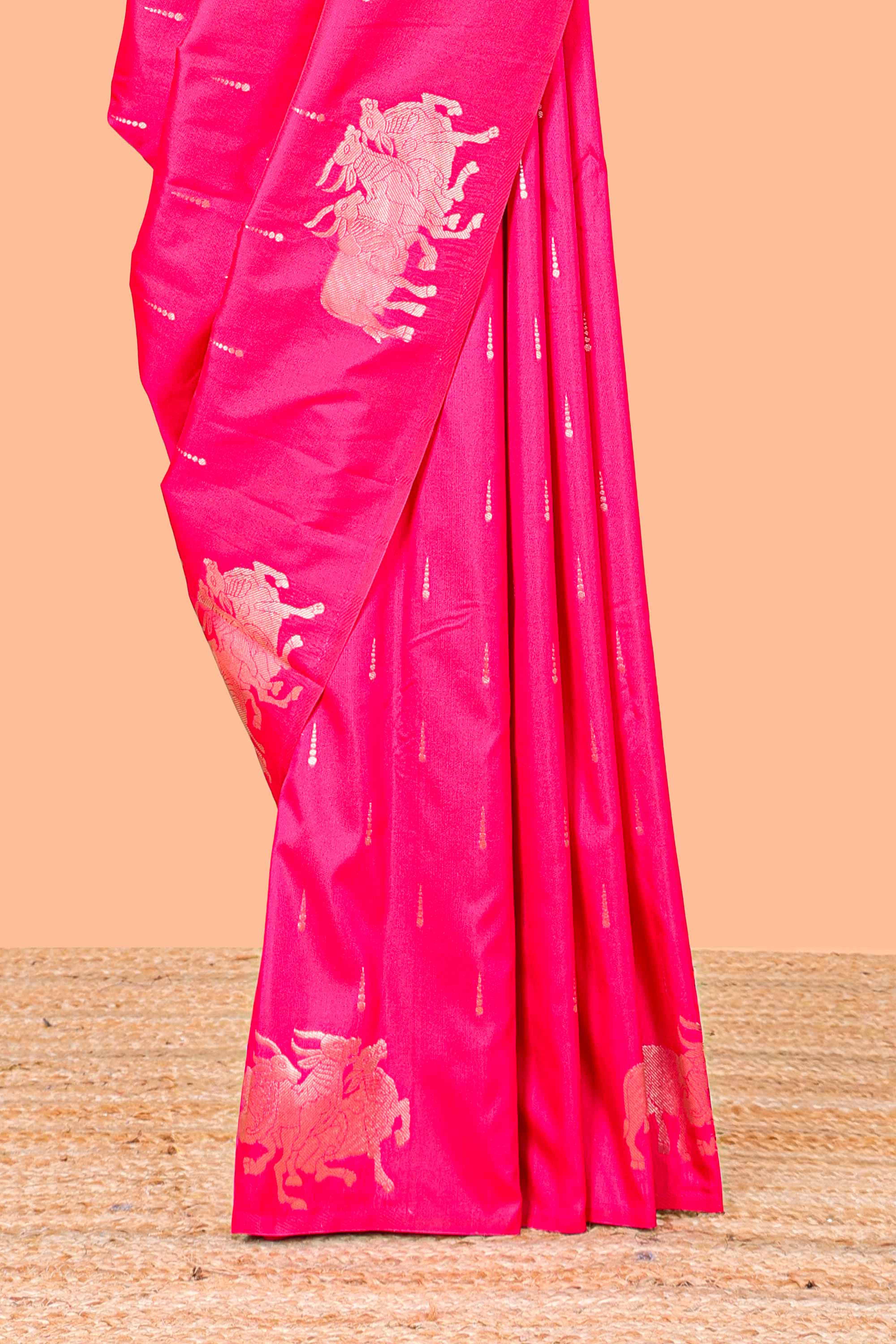 Pink Semi Soft Silk Saree Body Rain Drop Butti and Border Nandhi Motifs and Grand Zari Rich Pallu - Image 3