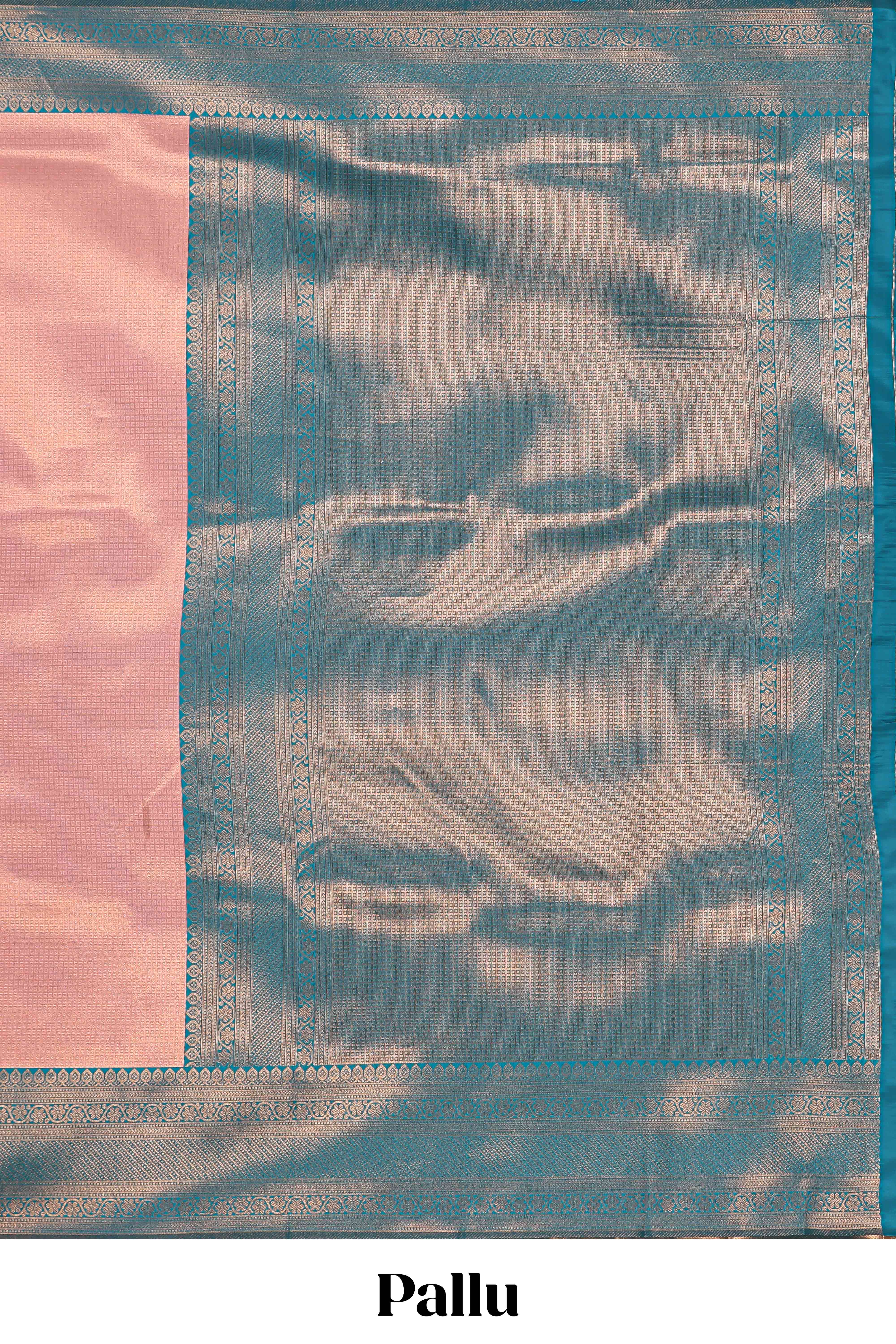 Pink small zari checked design litchi silk saree with contrast zari border and blouse - Image 4
