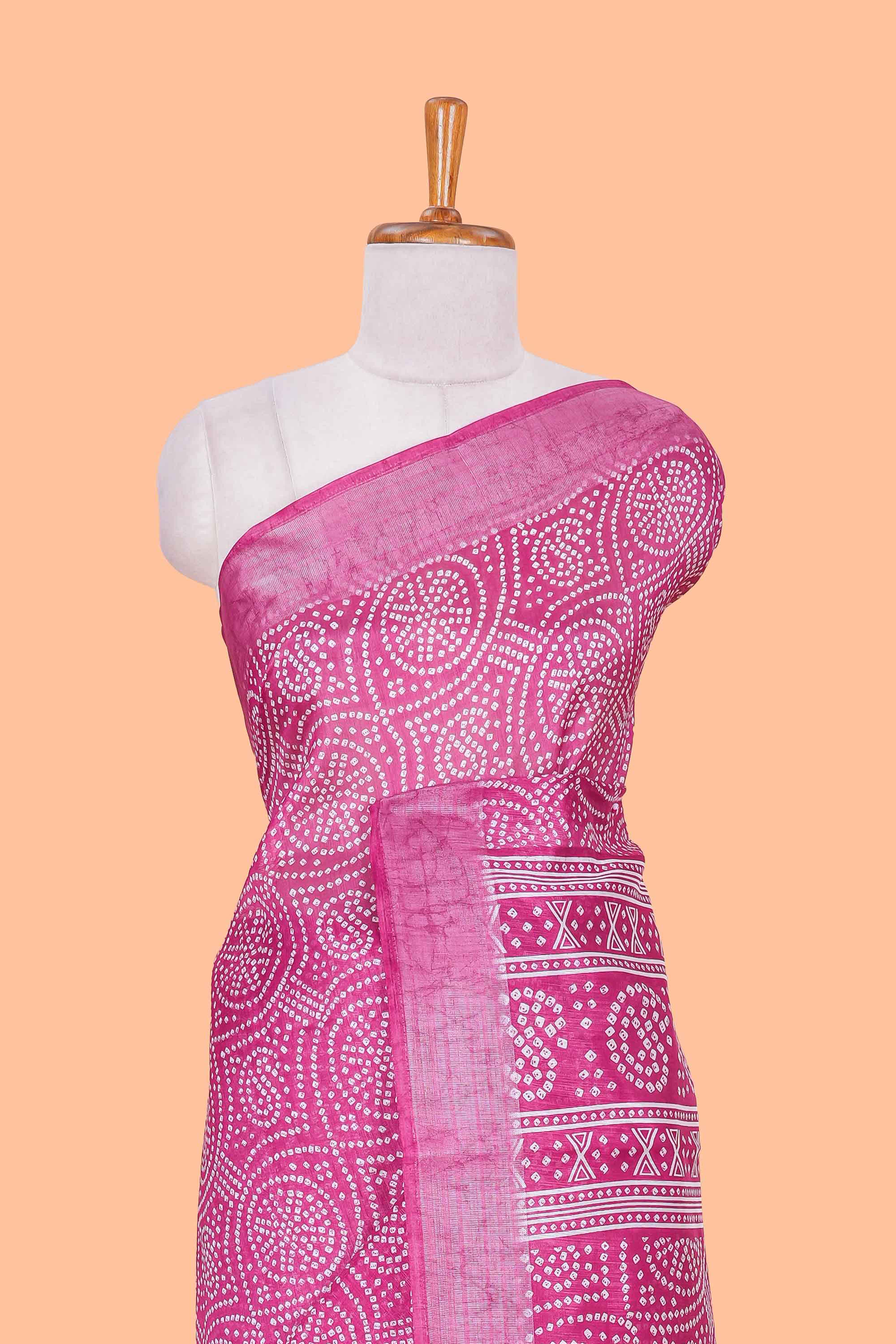 Pink south cotton saree with bandhini print body & pallu and silver bawanchi border - Image 3