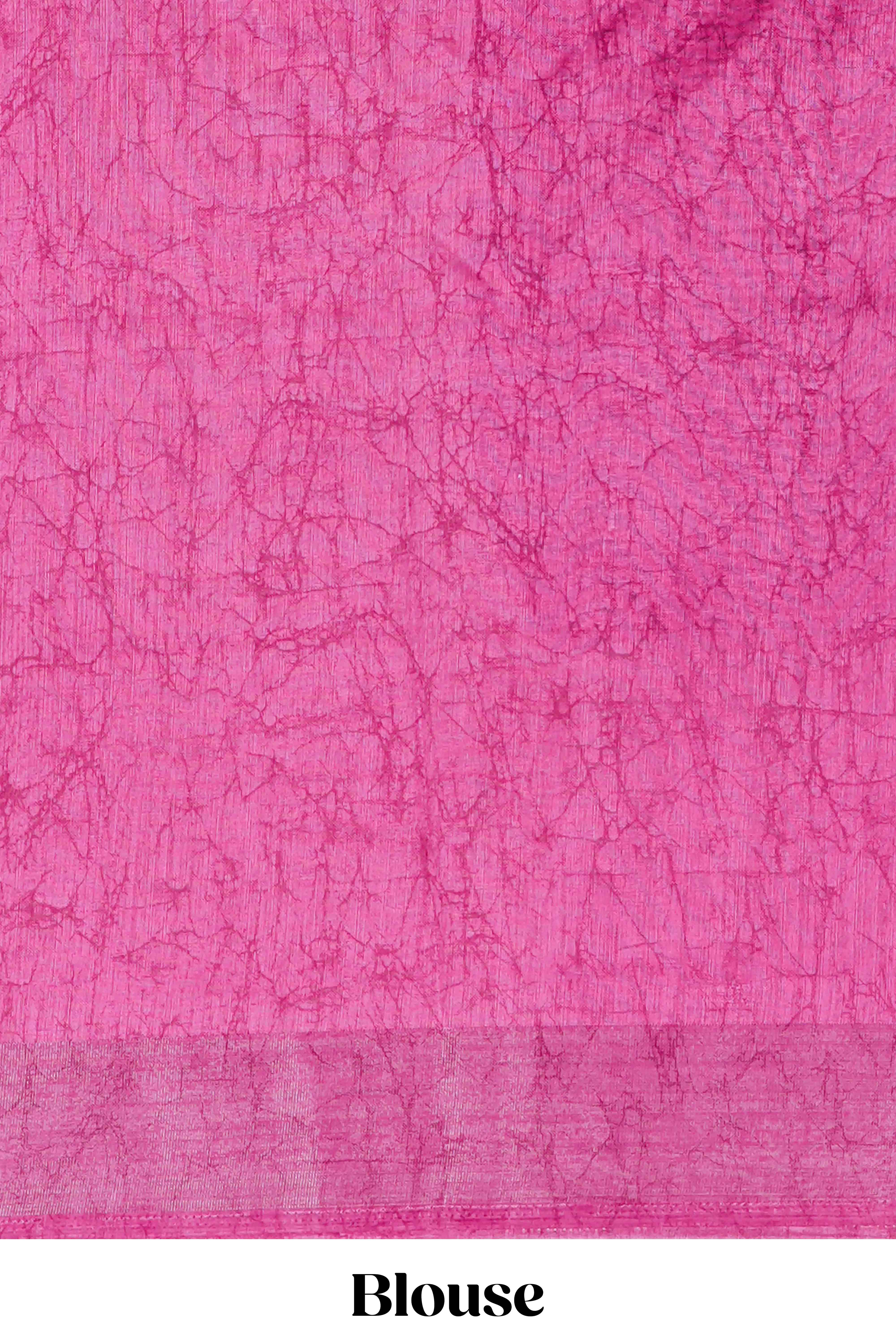 Pink south cotton saree with bandhini print body & pallu and silver bawanchi border - Image 5