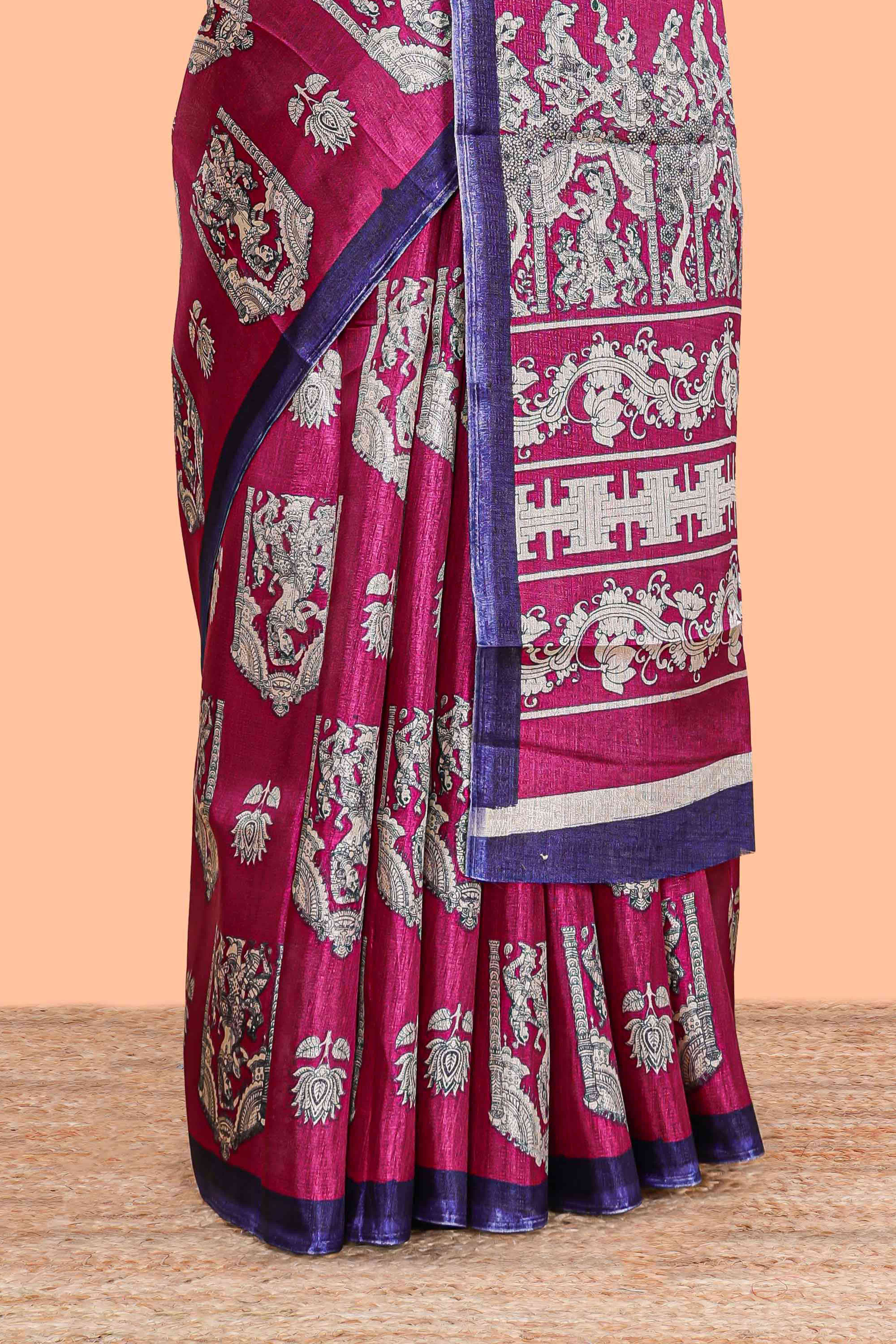 Pink south cotton saree with kalamkari print on body and pallu - Image 4