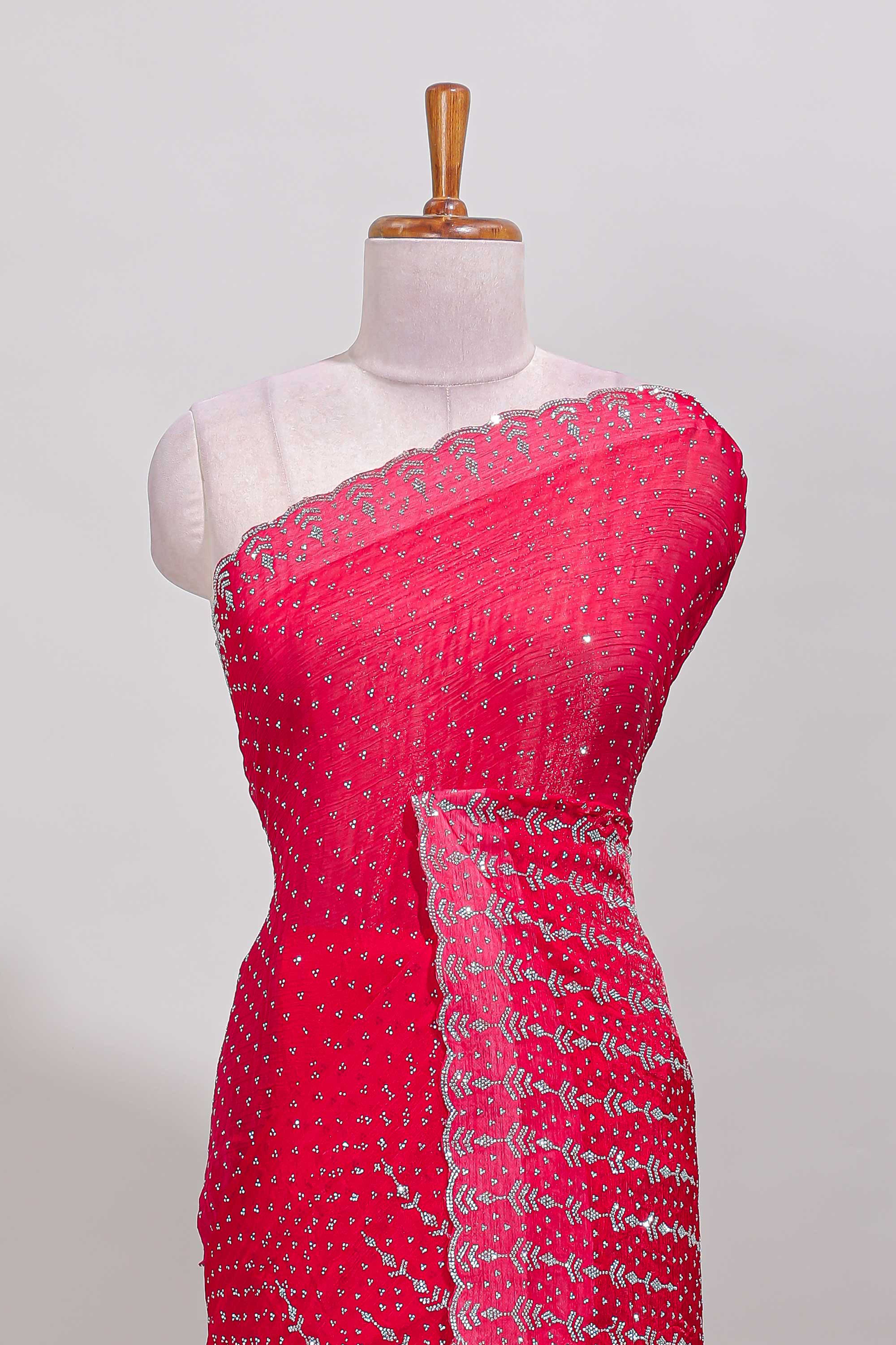 Pink stone work designer saree with self scallop design border and matching blouse - Image 3