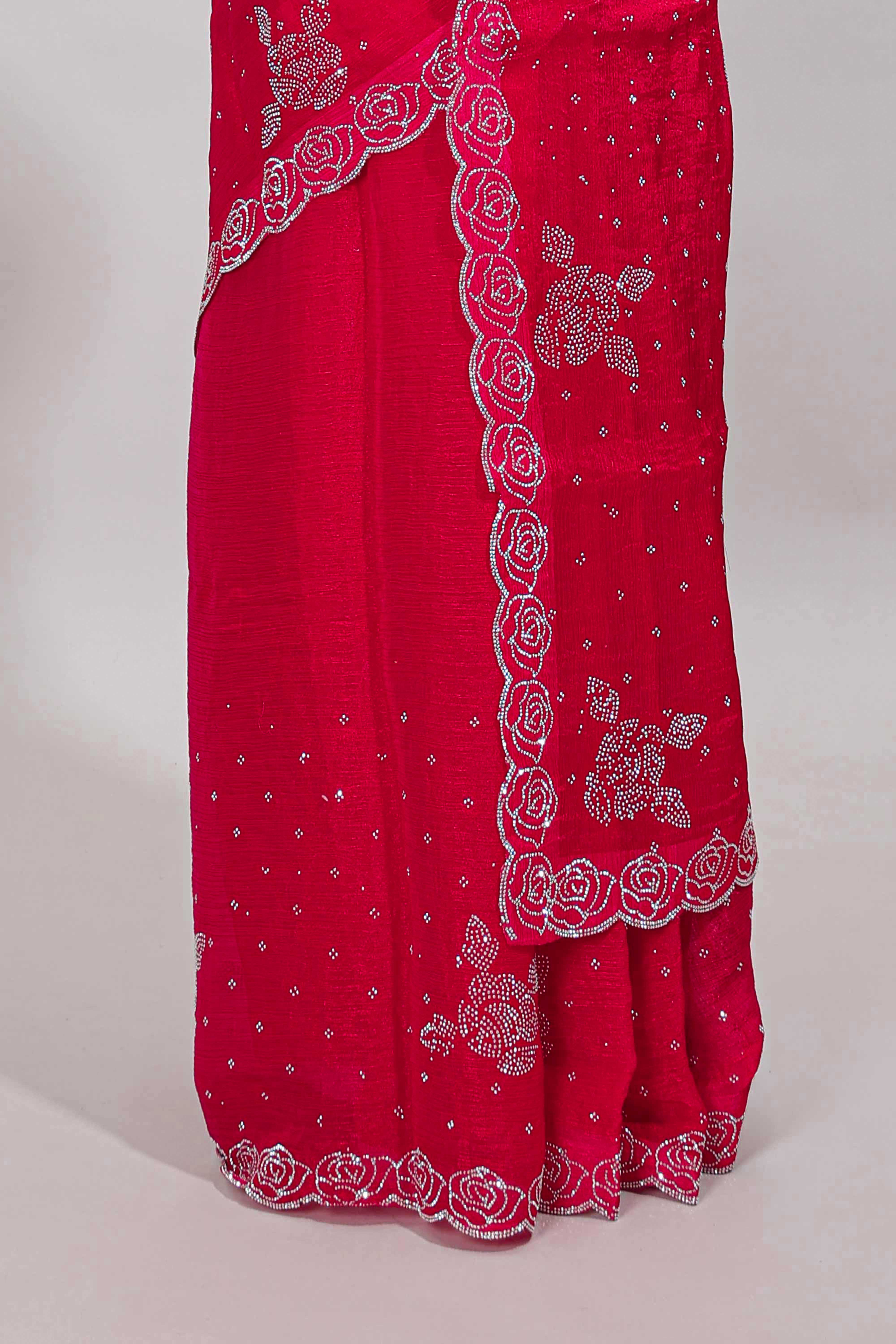 Pink stone work designer saree with self scallop design border and matching blouse - Image 4