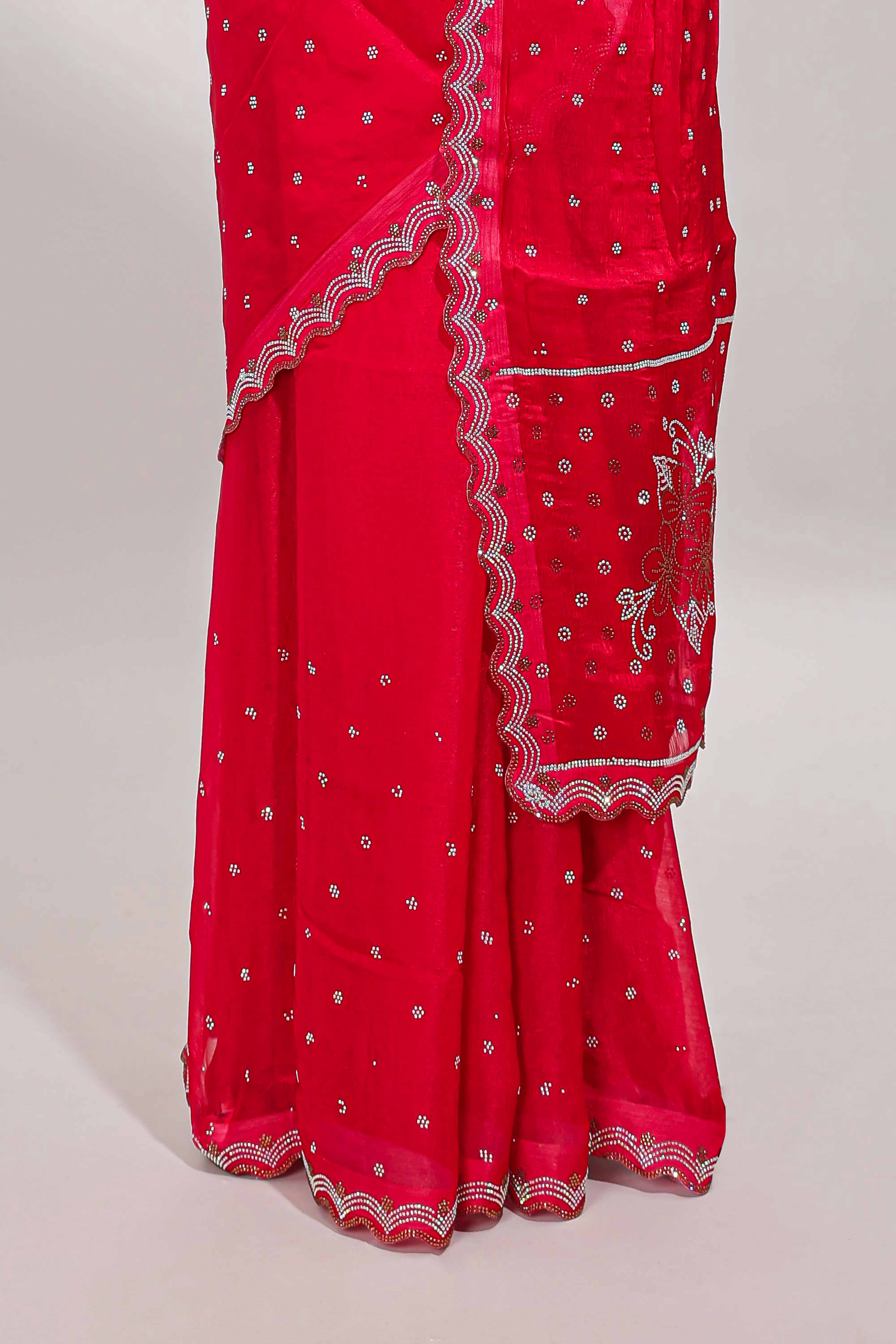Pink stone work floral motifs designer saree with self design scallop border and matching blouse - Image 4
