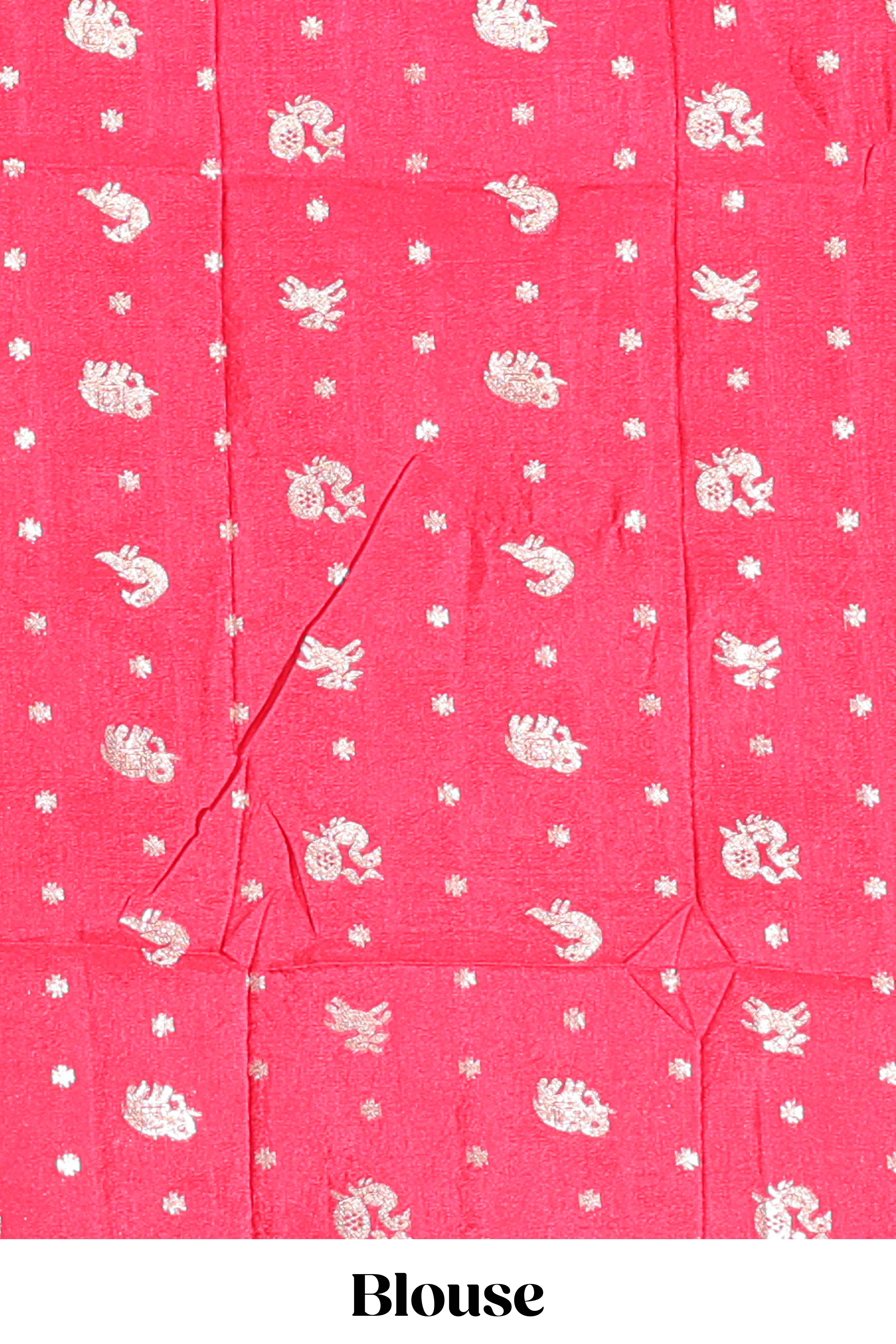 Pink striped elephant & bird zari butta dola silk saree with self zari border and matching zari motifs blouse - Image 5