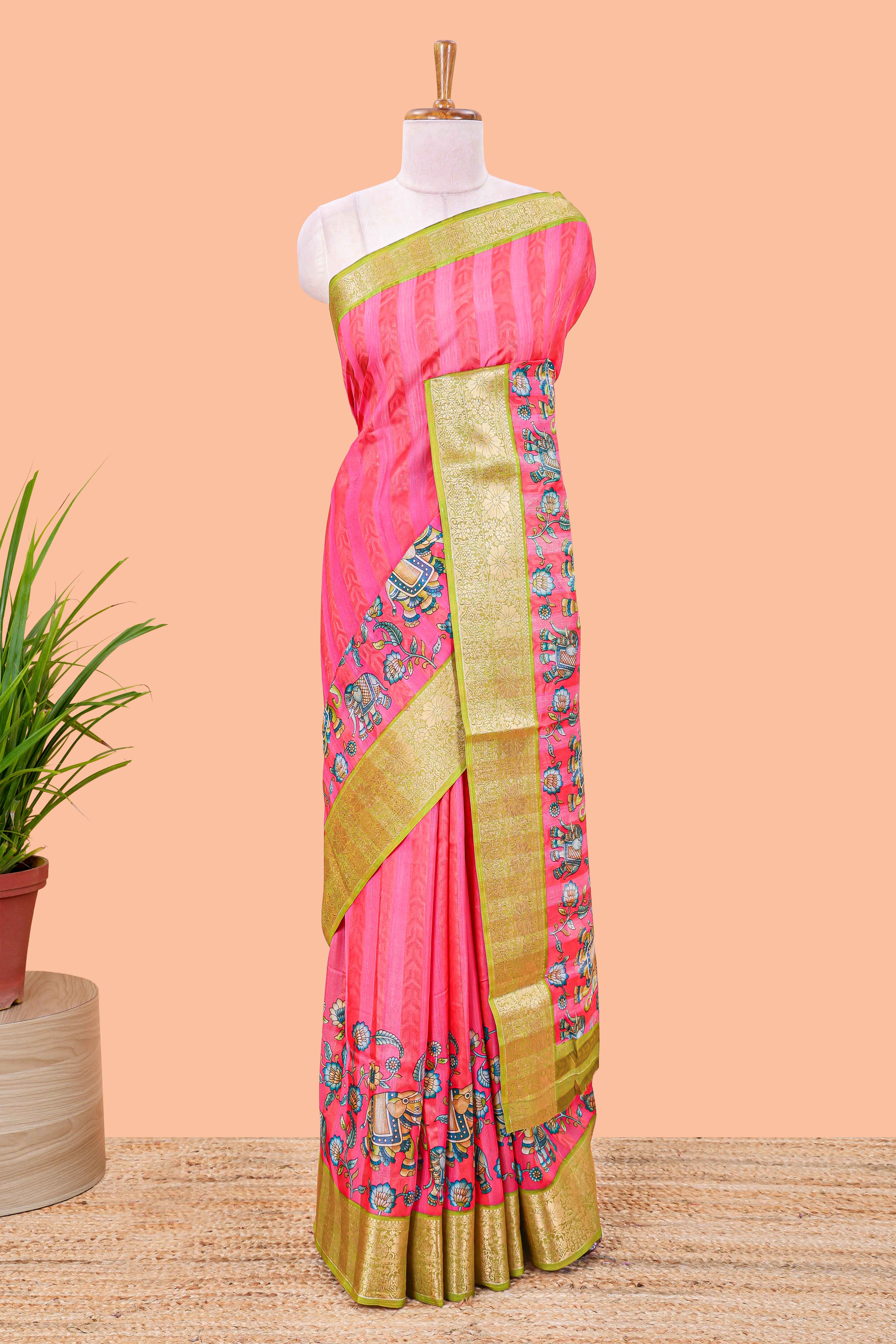 Pink striped floral and elephant themed marsh georgette saree with contrast zari border and printed pallu - Image 2