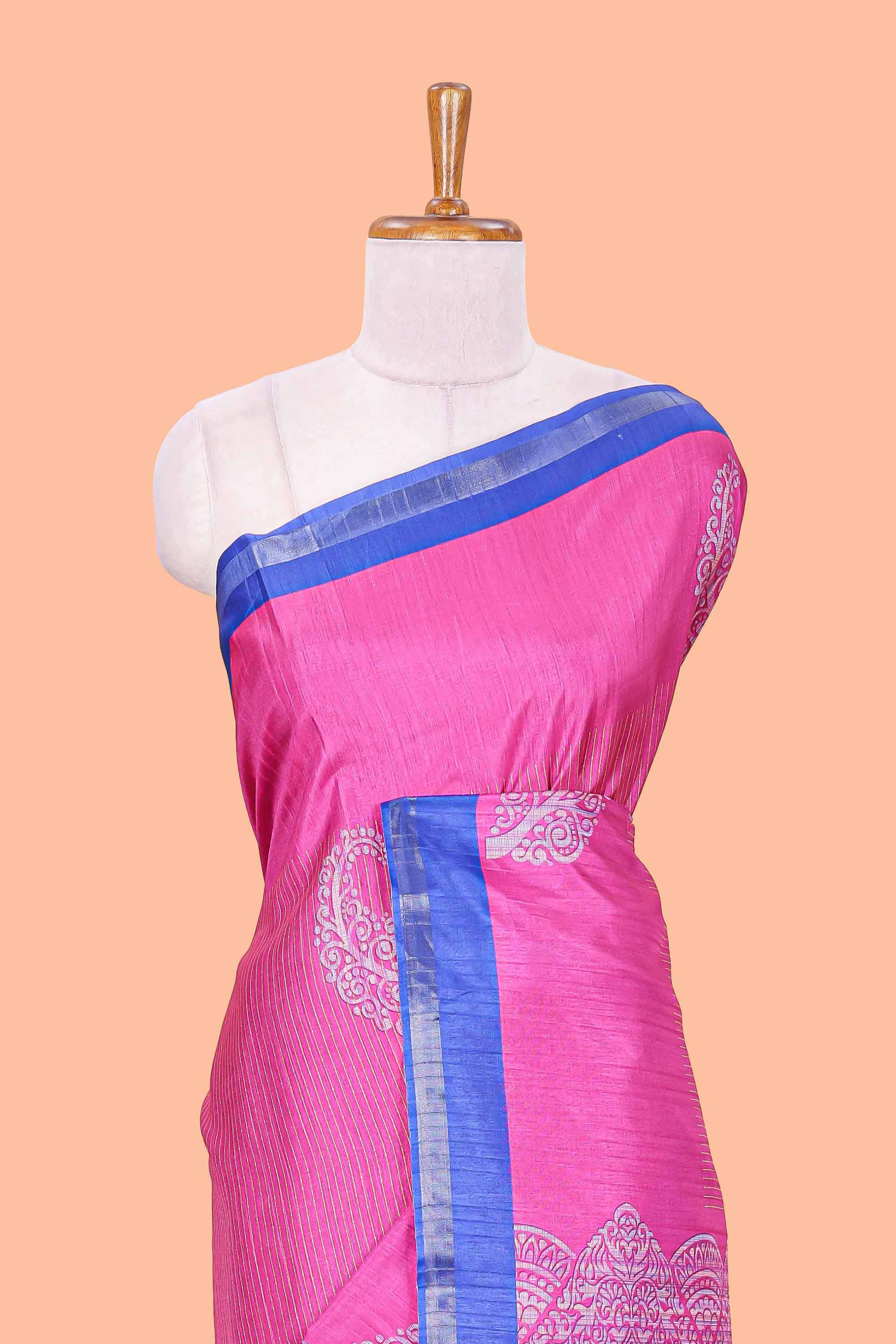 Pink striped floral butta art tussar saree with contrast zari border and matching pallu - Image 3