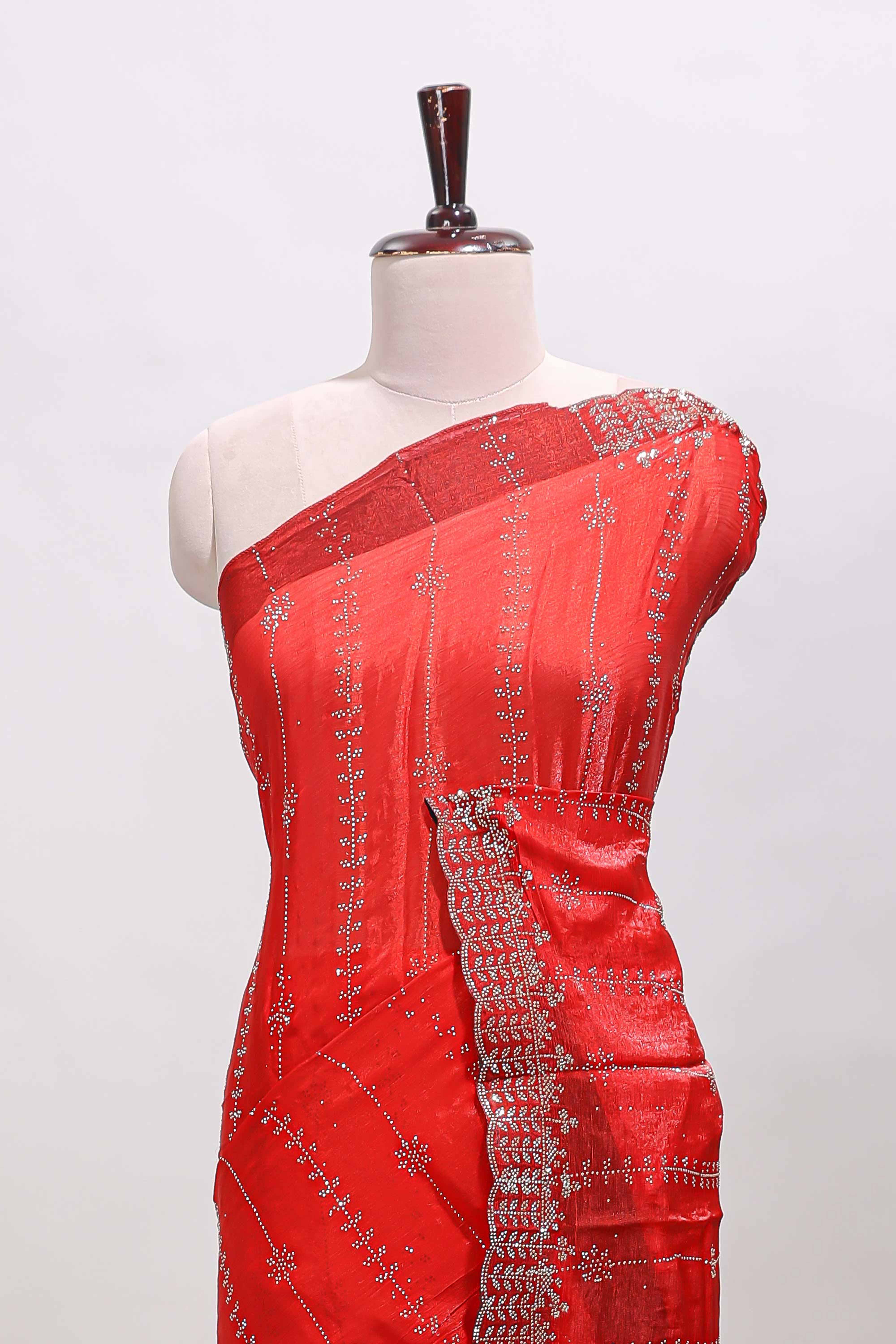 Pink striped floral design stone work designer saree with self scallop design border and matching blouse - Image 3