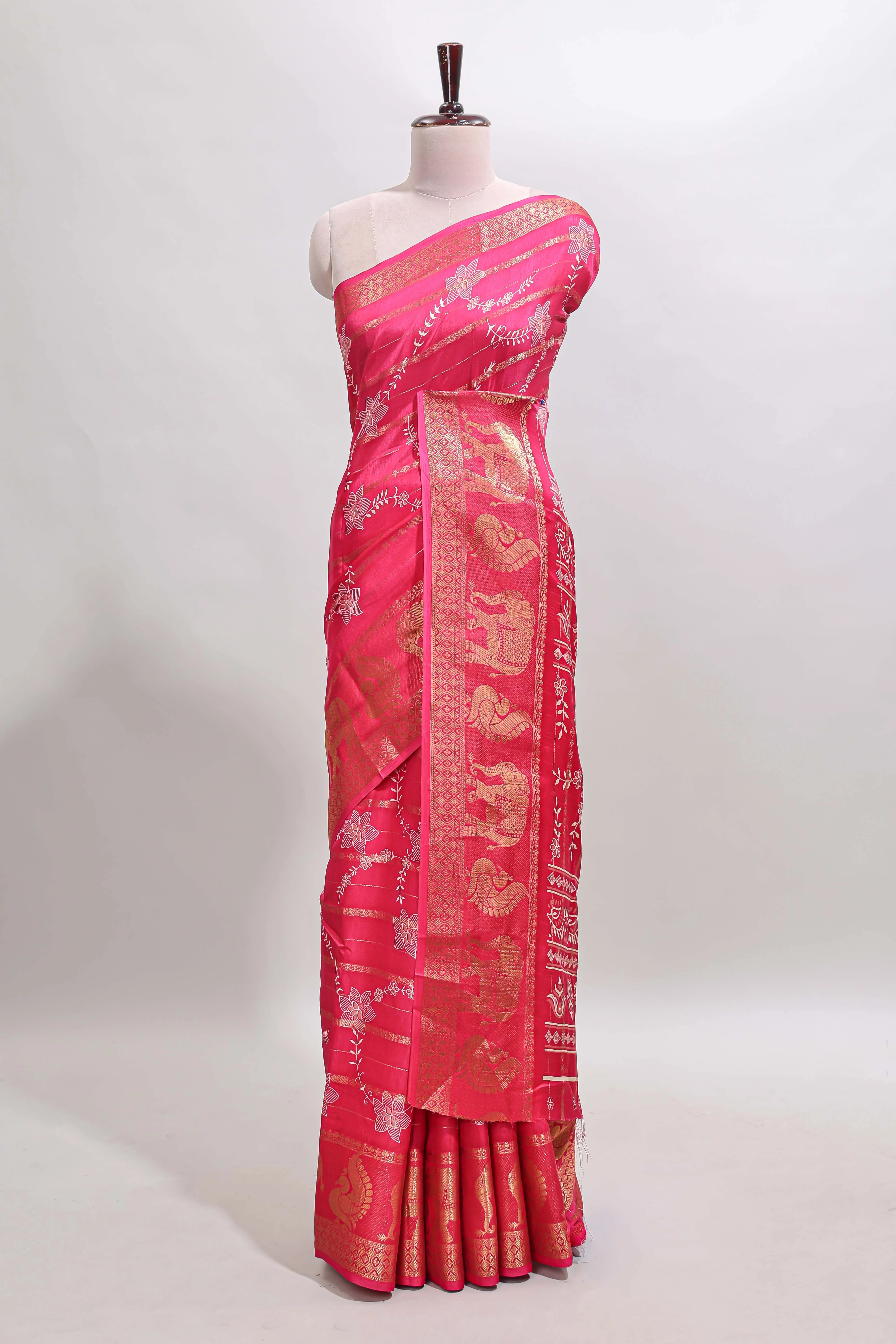 Pink striped floral vine dola silk saree with self zari border and matching blouse - Image 2