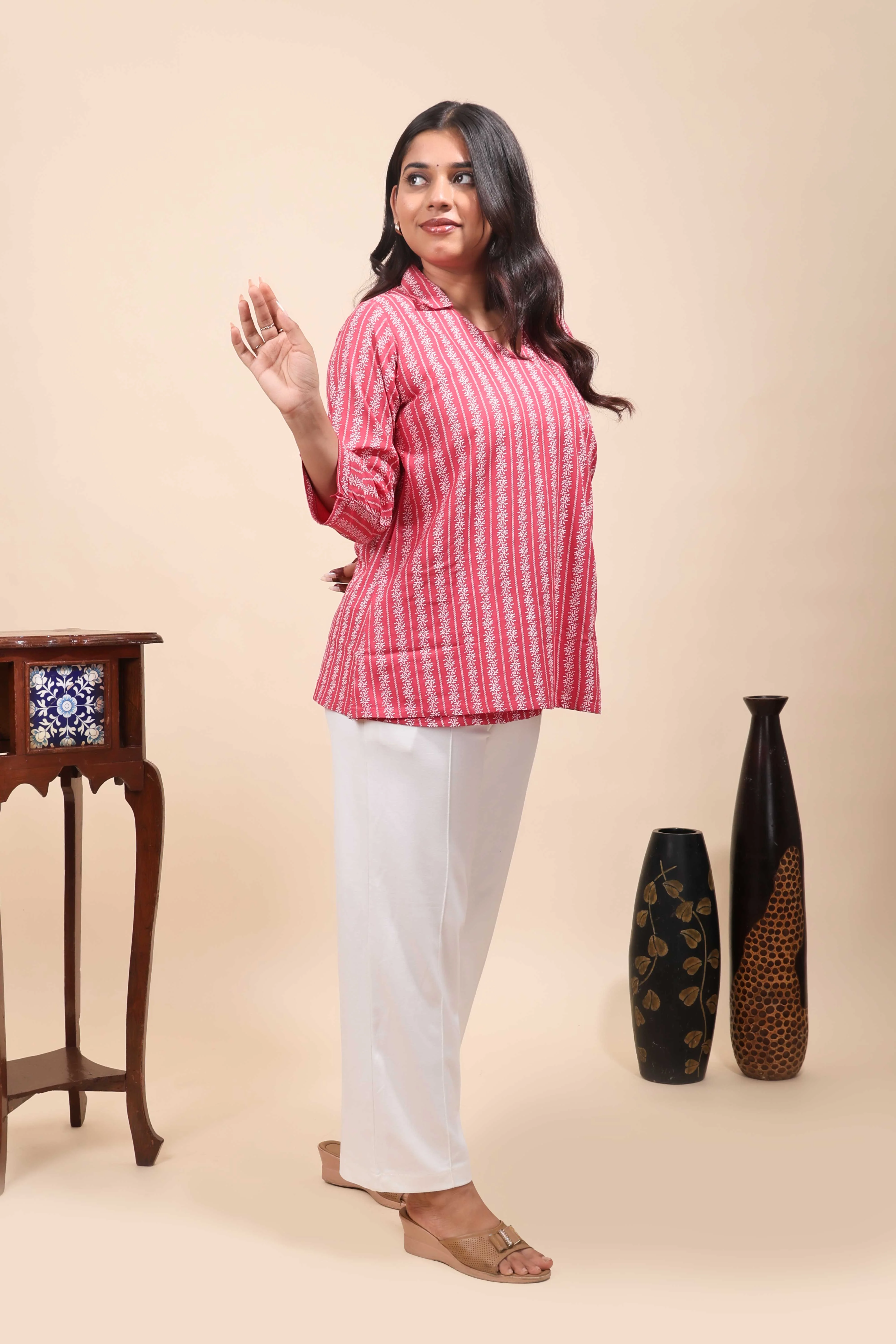 Pink floral design Short Kurti with Vertical Stripes, 3/4 Sleeves Collar Neck - Image 3