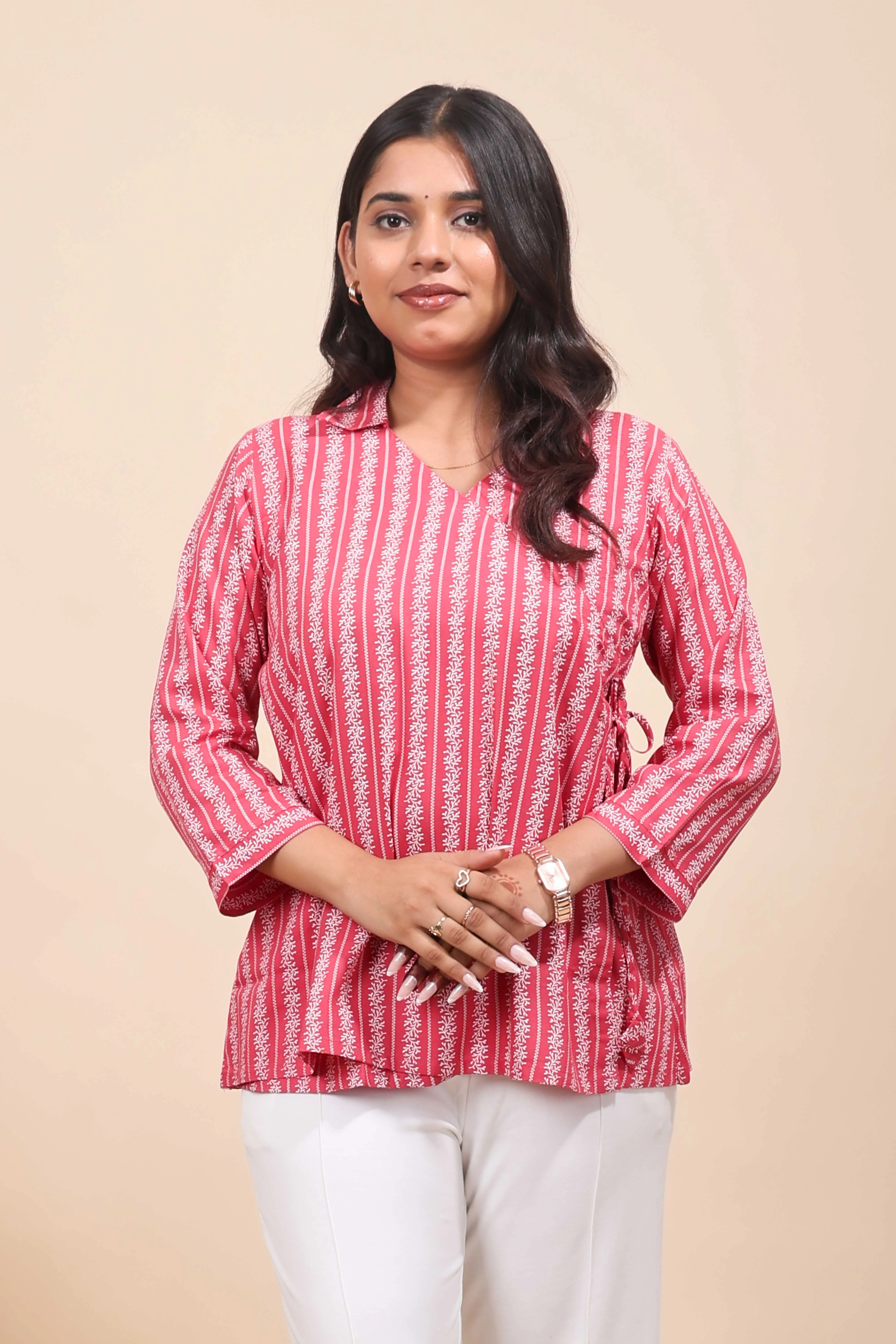 Pink floral design Short Kurti with Vertical Stripes, 3/4 Sleeves Collar Neck - Image 4