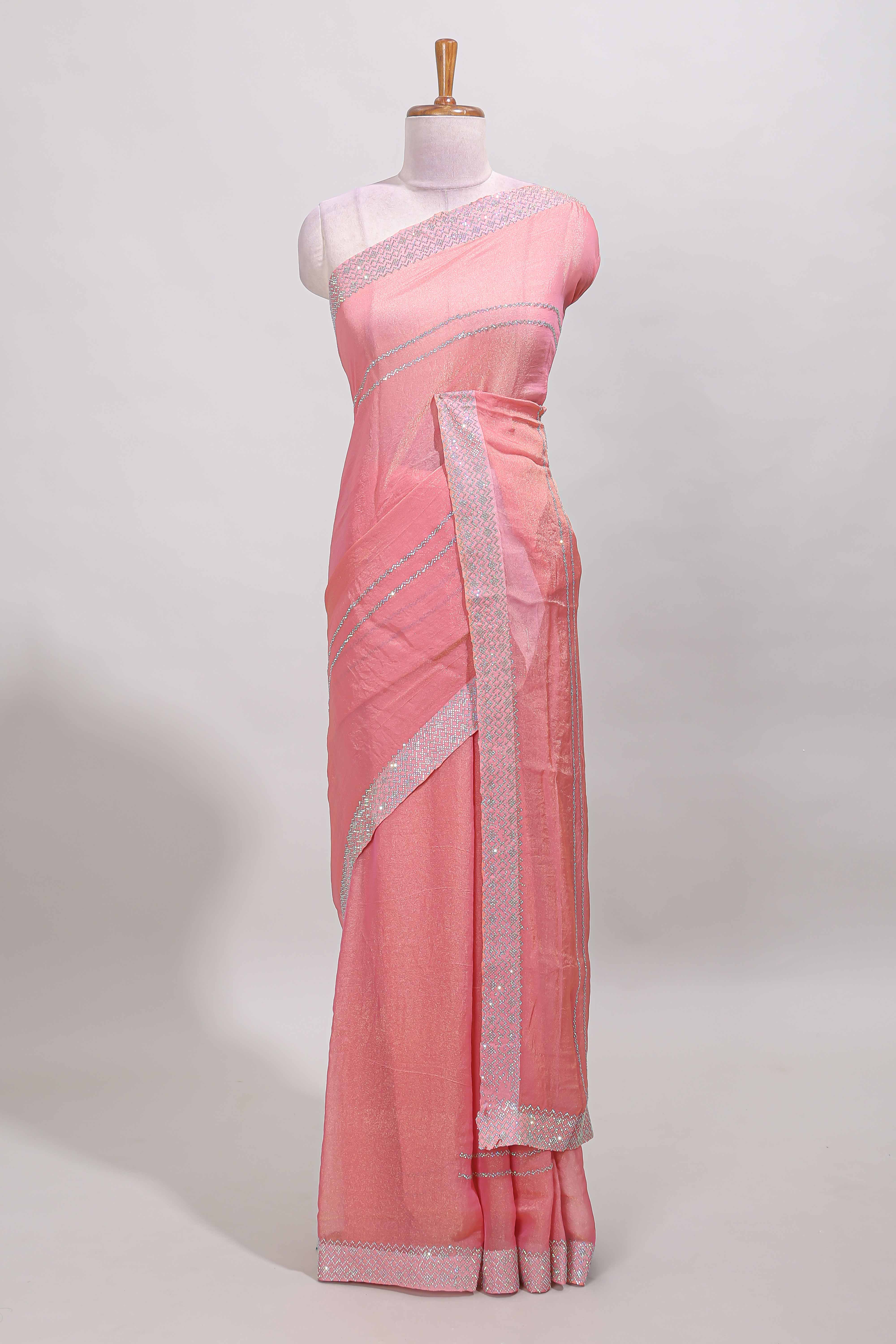 Pink stripes chamki work all over body designer saree with self design border matching blouse - Image 2