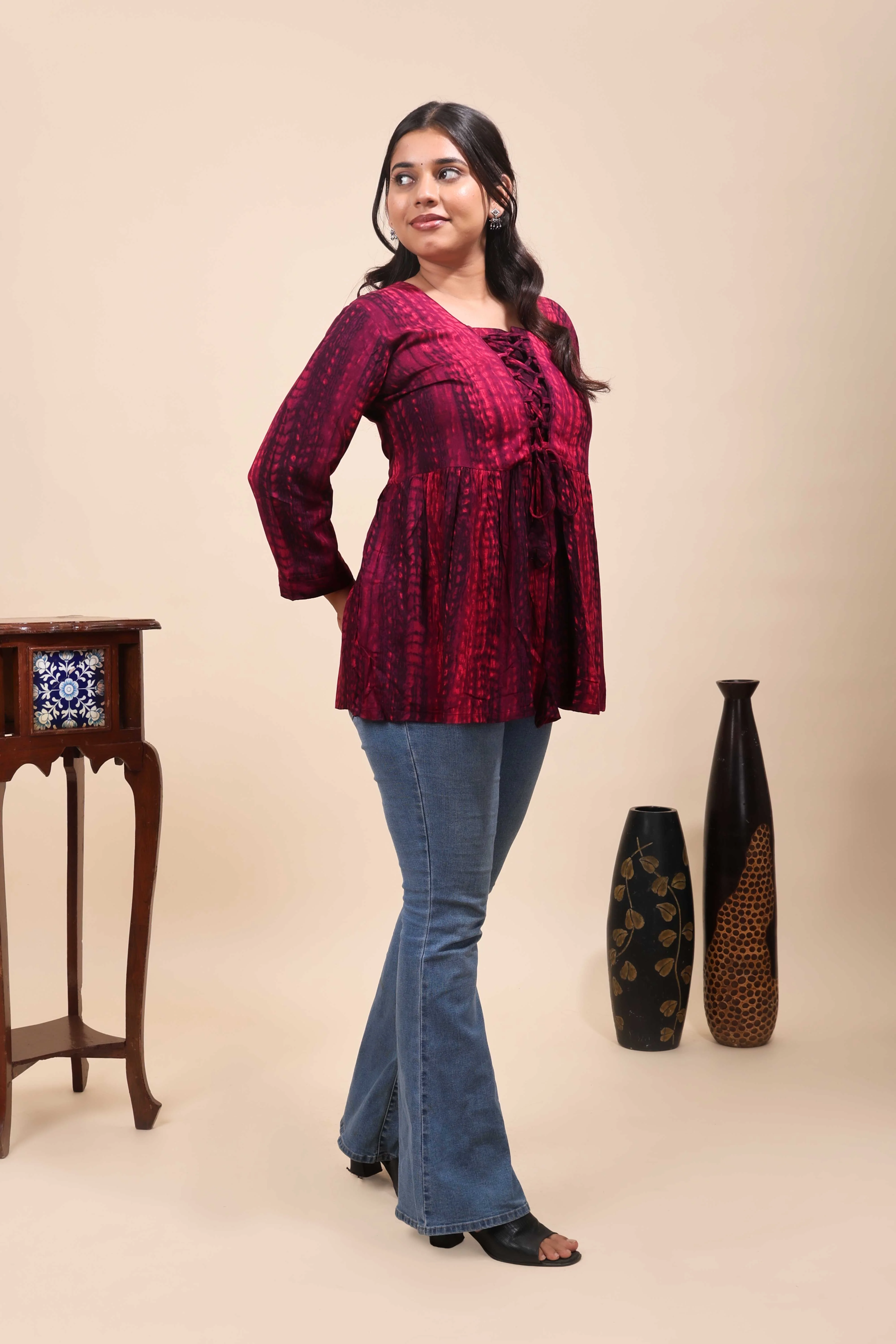 Pink Shibori Tie-Dye Print Short Kurti with Vertical Stripes, 3/4 Sleeves & Tassel Tie-Up Neck - Image 3